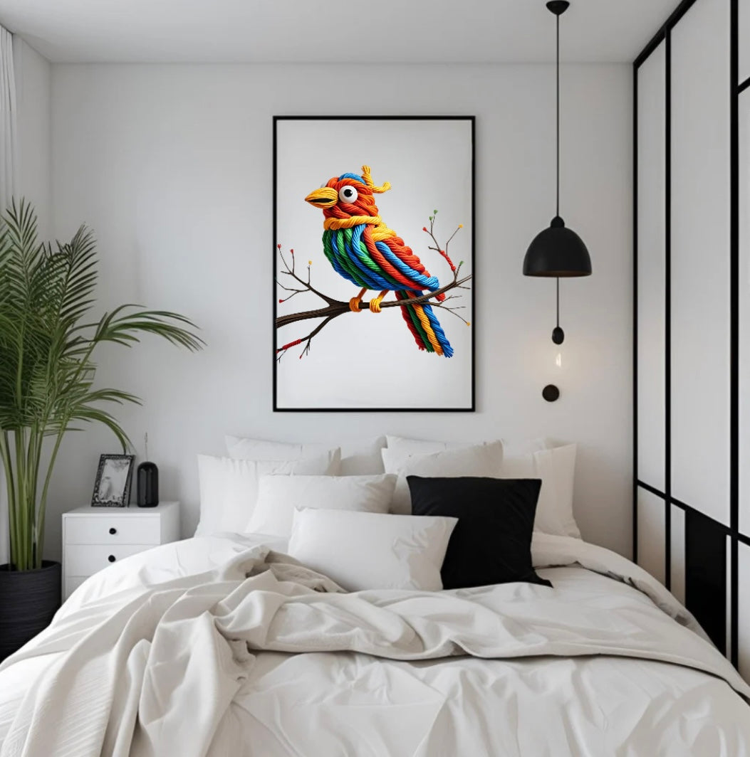Vogel aus farbigen Seilen als plastisches Poster im hellen Holzrahmen – dekorative Wandkunst für Wohnzimmer, Flur oder Kinderzimmer