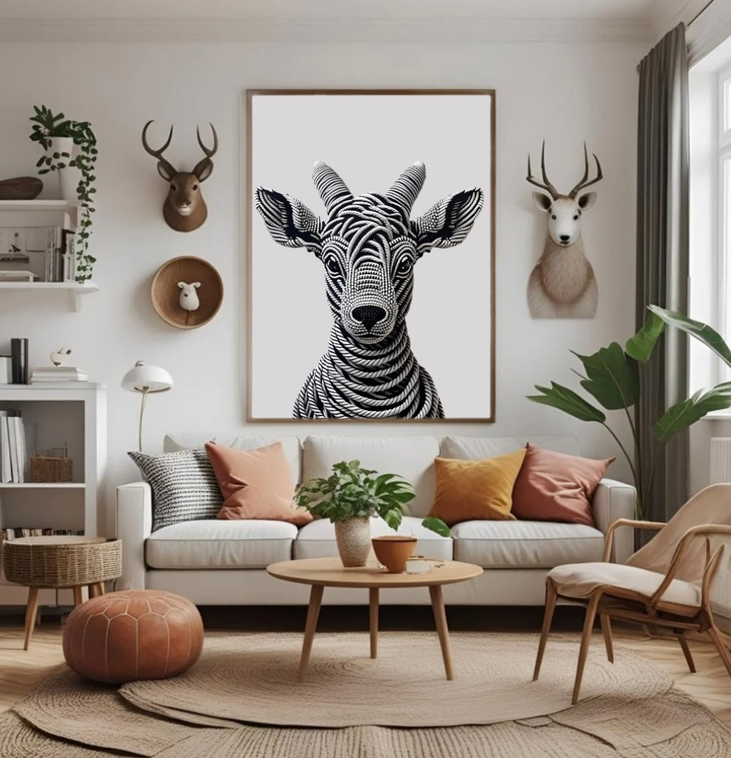 Ziegenkopf aus schwarzen und grauen Seilen als gerahmtes Poster mit 3D-Optik im Wohnzimmer über dem Sofa als rustikale Wanddeko