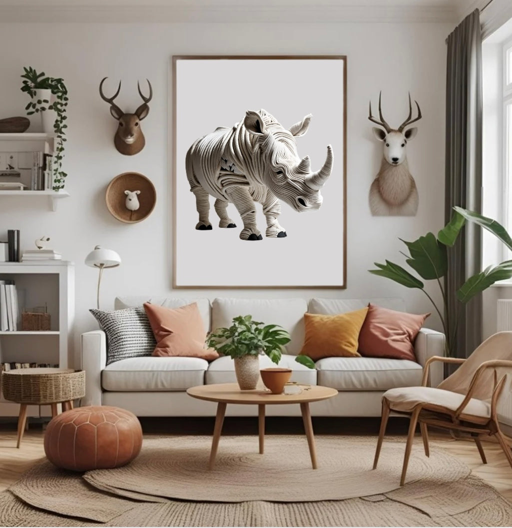 Beiges Nashorn Poster mit eleganter 3D-Optik aus Seilen im Wohnzimmer über dem Sofa im Holzrahmen als stilvolle Tier-Wanddeko
