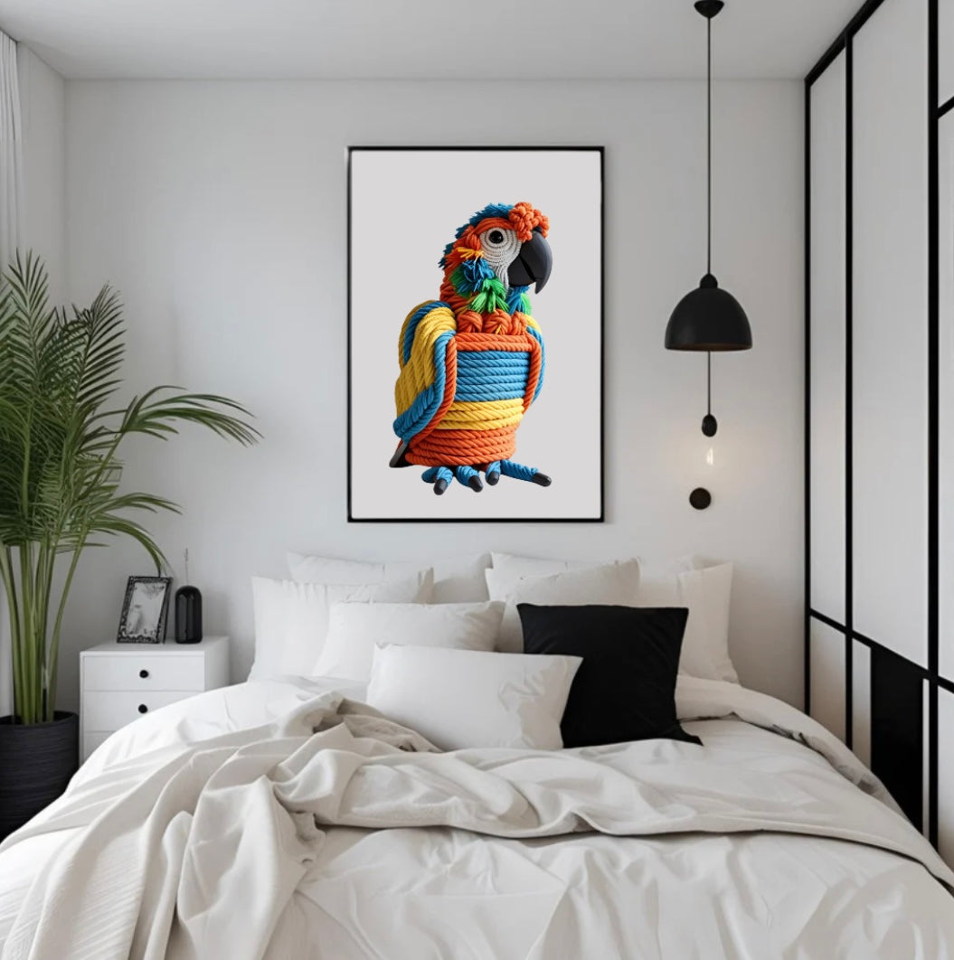 Farbintensives Papageienposter mit 3D-Wirkung aus Seilen, gerahmt über dem Bett im Schlafzimmer als tropischer Farbakzent im Raum