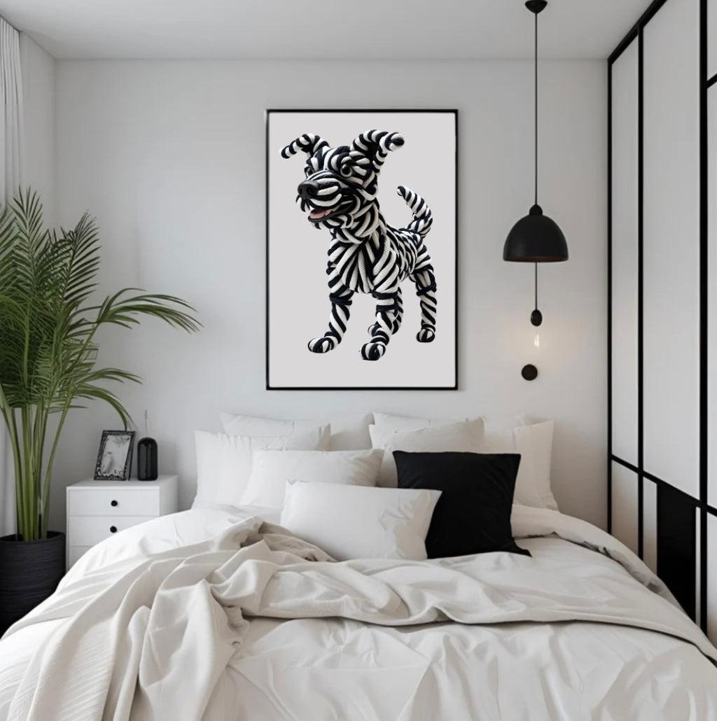 Minimalistisches Hundeposter in Schwarz-Weiß mit 3D-Effekt aus Seilen, stilvoll gerahmt über dem Bett im gemütlichen Schlafzimmer