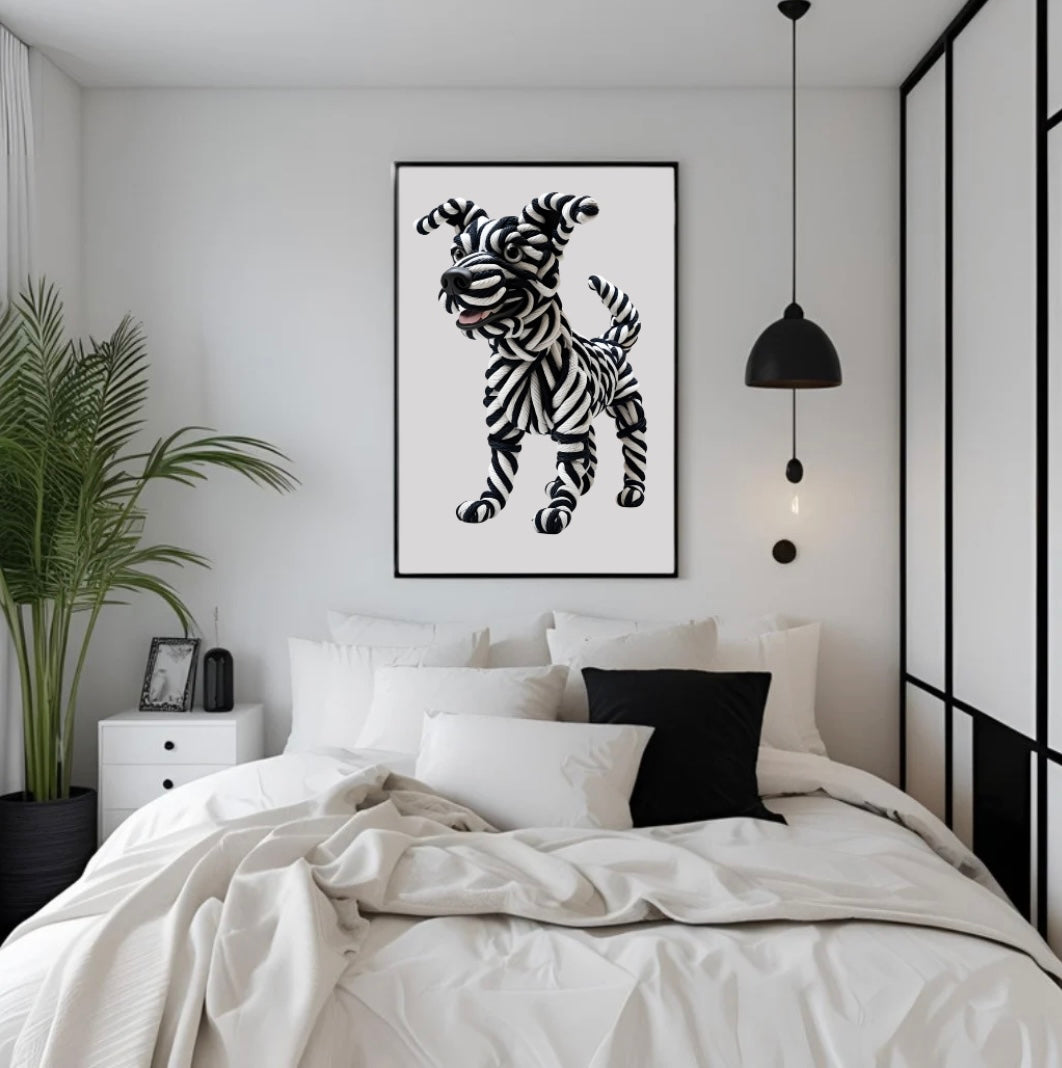 Minimalistisches Hundeposter in Schwarz-Weiß mit 3D-Effekt aus Seilen, stilvoll gerahmt über dem Bett im gemütlichen Schlafzimmer