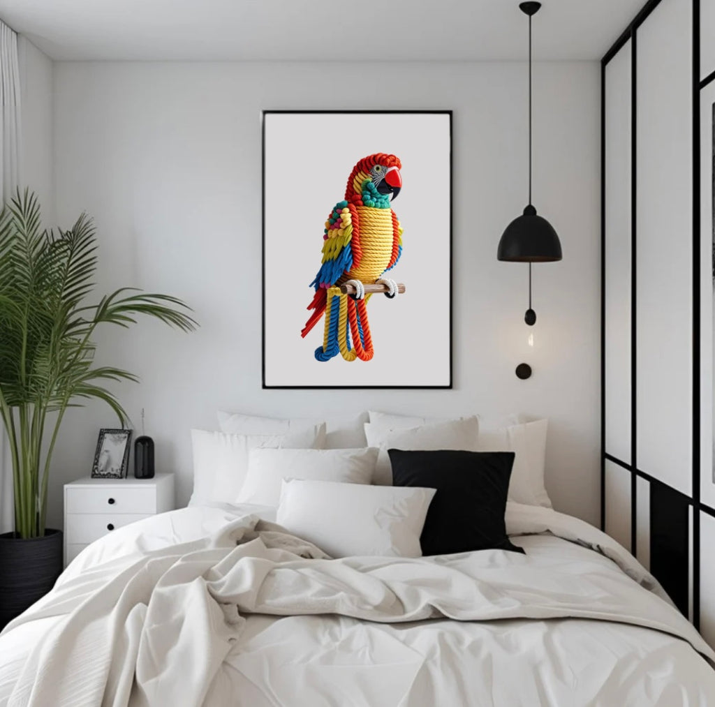 Exotischer Papagei aus Seilen mit kräftigen Farben und 3D-Effekt, gerahmt auf Stange, stilvoll präsentiert über dem Bett im Schlafzimmer