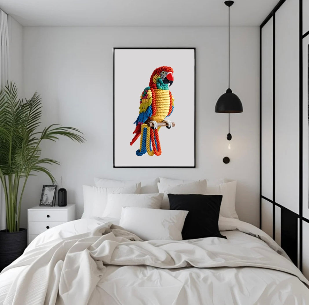 Exotischer Papagei aus Seilen mit kräftigen Farben und 3D-Effekt, gerahmt auf Stange, stilvoll präsentiert über dem Bett im Schlafzimmer