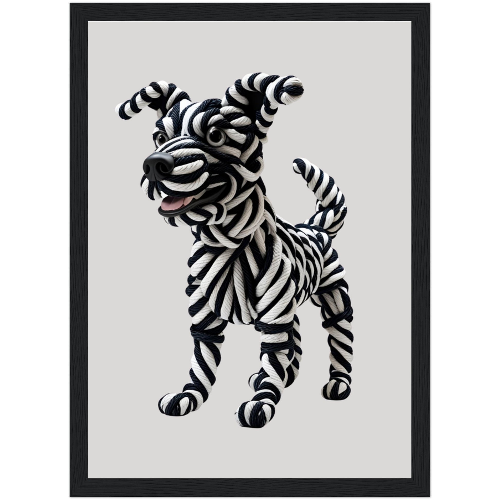 Schwarz-weißes Hunde Poster mit Seilstruktur und realistischer 3D-Optik im schwarzen Holzrahmen als edle Wanddekoration für Zuhause