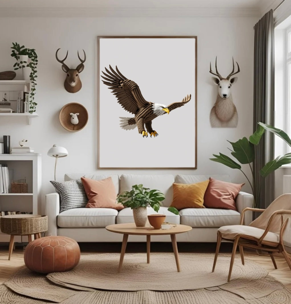Majestätischer Adler als gerahmtes Poster aus Seilen mit 3D-Optik im Wohnzimmer über dem Sofa als kraftvolle Wanddekoration