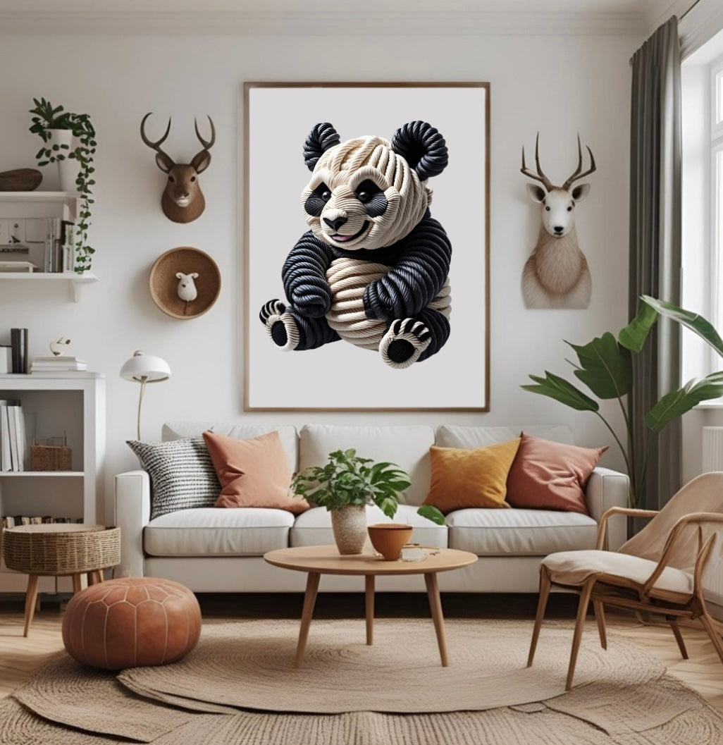 Schwarz-weißes Panda Poster aus Seilen mit 3D-Optik im Wohnzimmer über dem Sofa im Holzrahmen als liebevolle Tier-Wanddeko