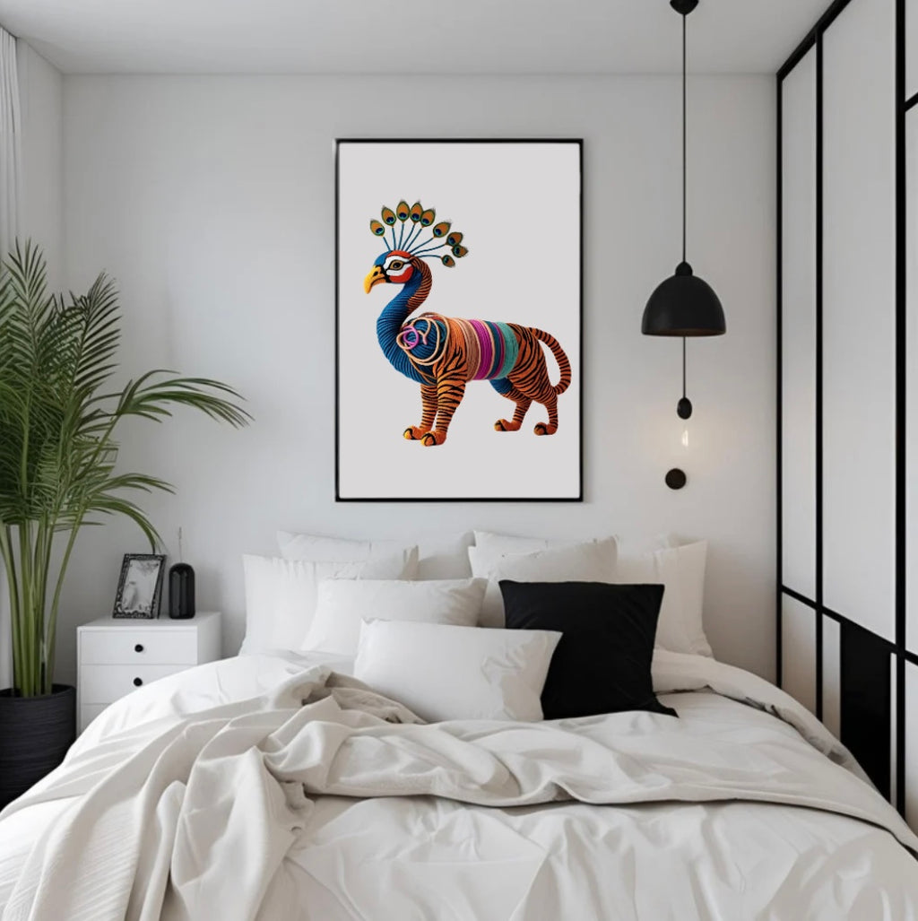 Auffälliges Poster mit Mischwesen aus Tiger und Pfau mit farbenprächtiger 3D-Optik, gerahmt über dem Bett als kreative Wandgestaltung im Schlafzimmer