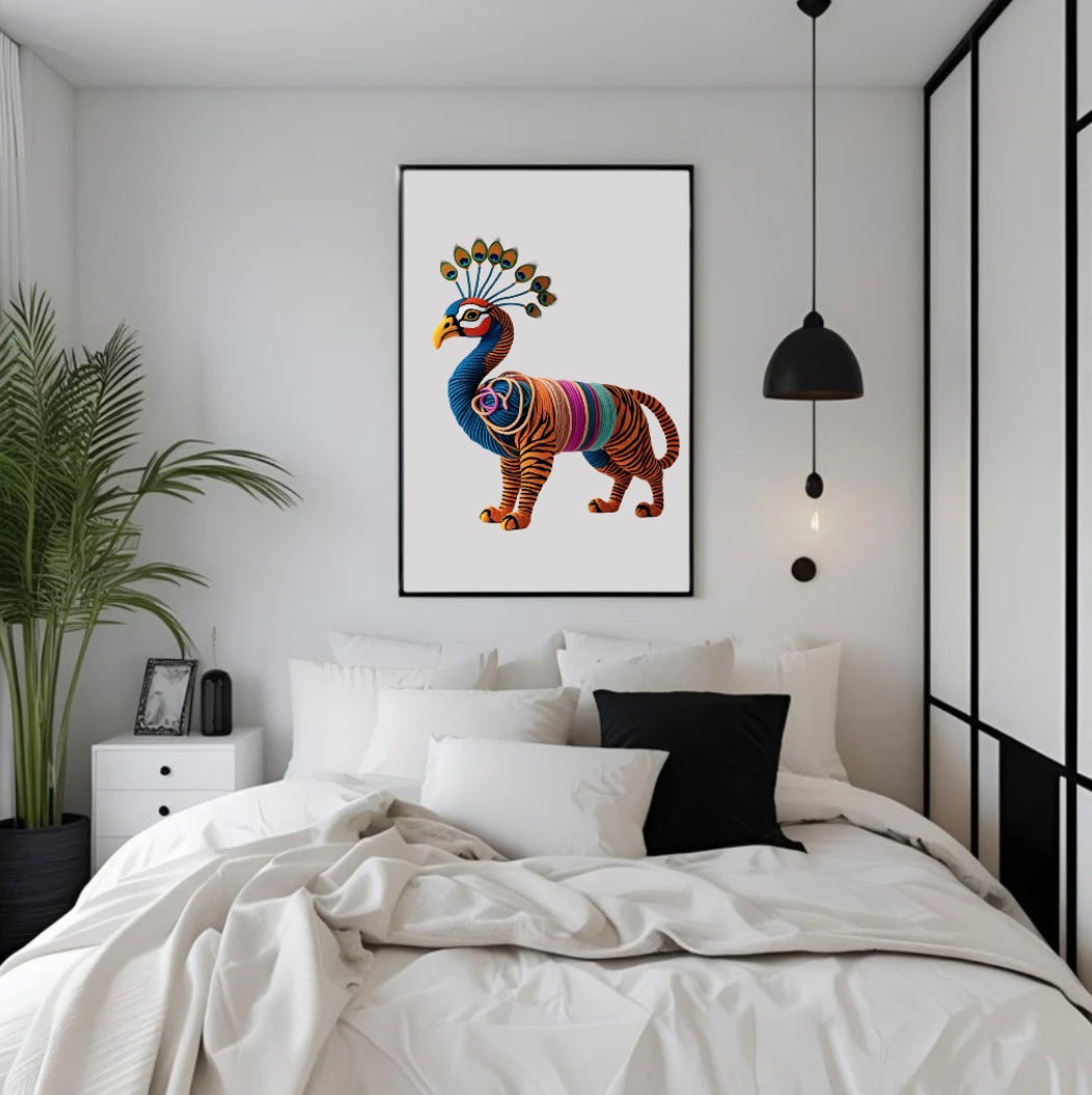 Auffälliges Poster mit Mischwesen aus Tiger und Pfau mit farbenprächtiger 3D-Optik, gerahmt über dem Bett als kreative Wandgestaltung im Schlafzimmer