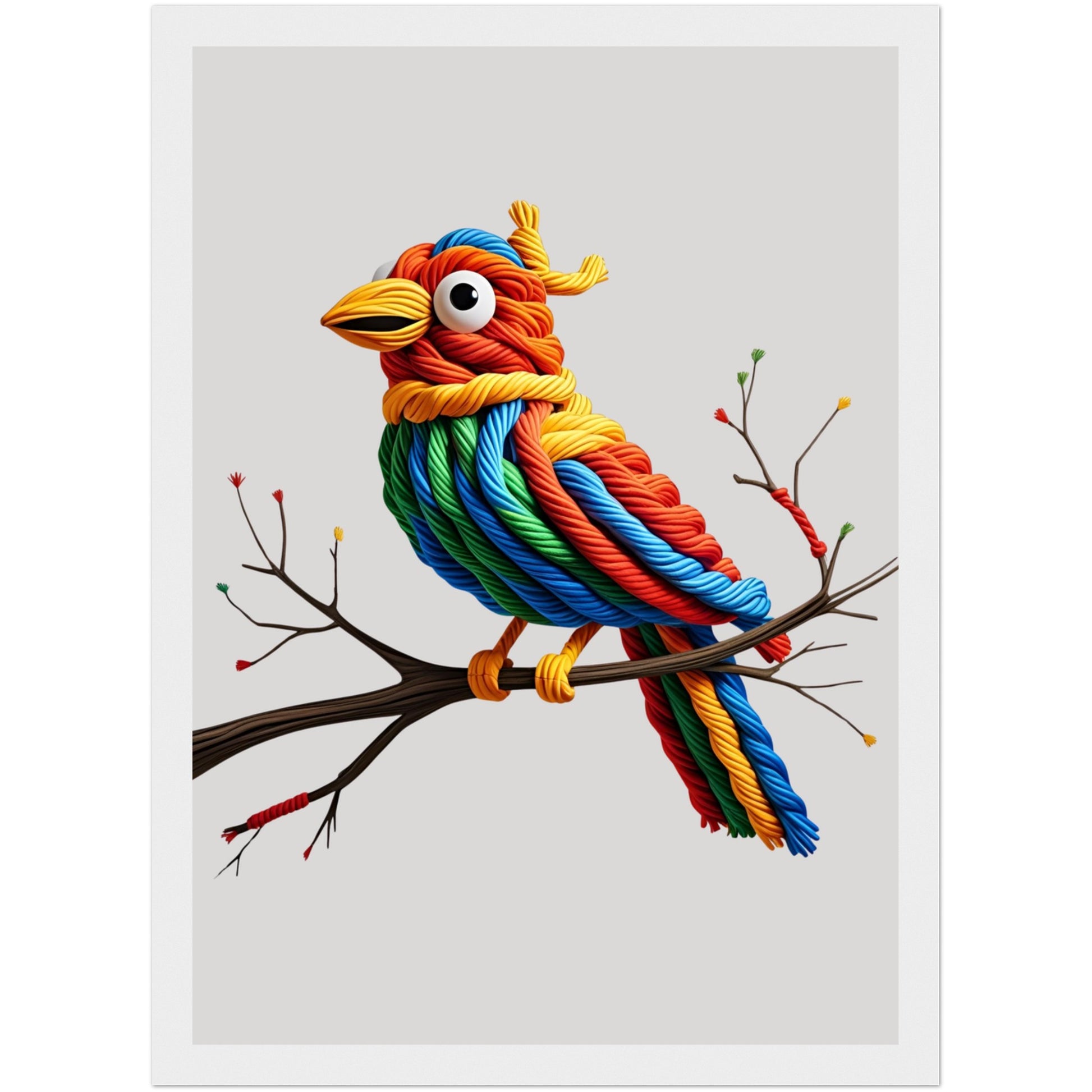 3D-Effekt Poster mit buntem Vogelmotiv aus Seil im dunklen Holzrahmen – lebendige Naturkunst für moderne Räume