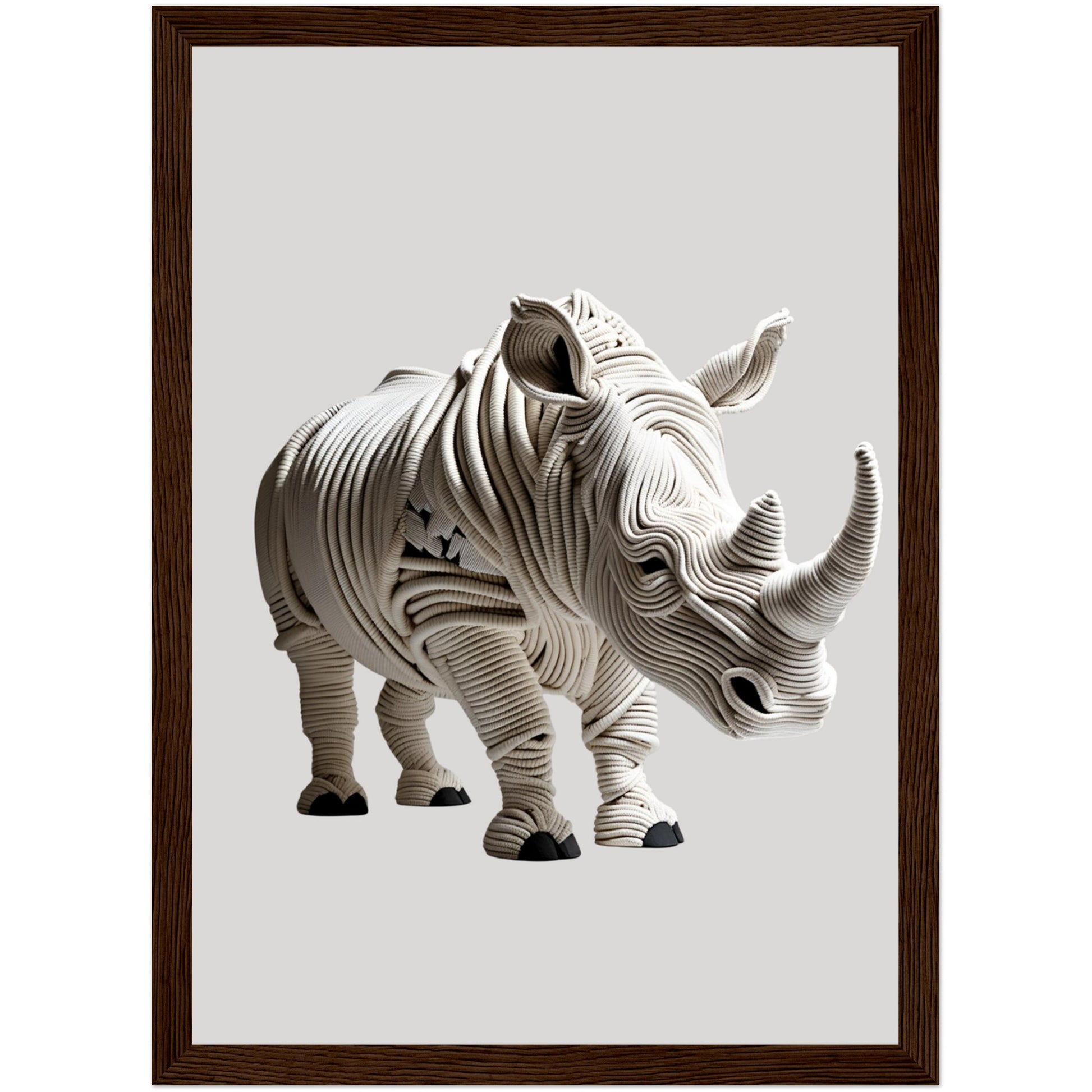 Kunstvolles Poster mit Nashorn aus beigem Seil, gerahmt in dunklem Holzrahmen, moderne 3D-Wandkunst für Wohnzimmer oder Büro