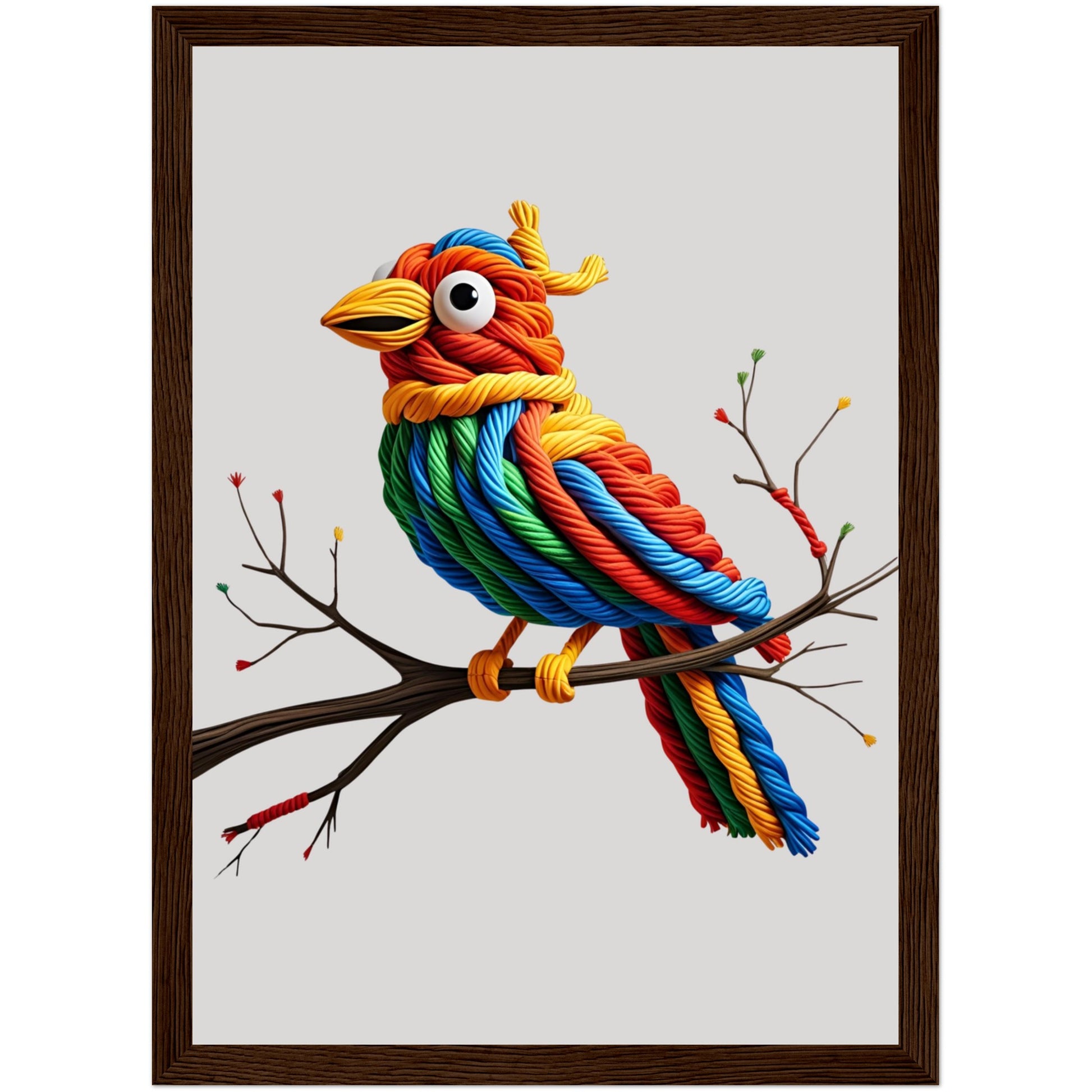 Künstlerischer Vogel aus Seilen in kräftigen Farben im naturfarbenen Holzrahmen – außergewöhnliches Poster für stilvolle Wandgestaltung
