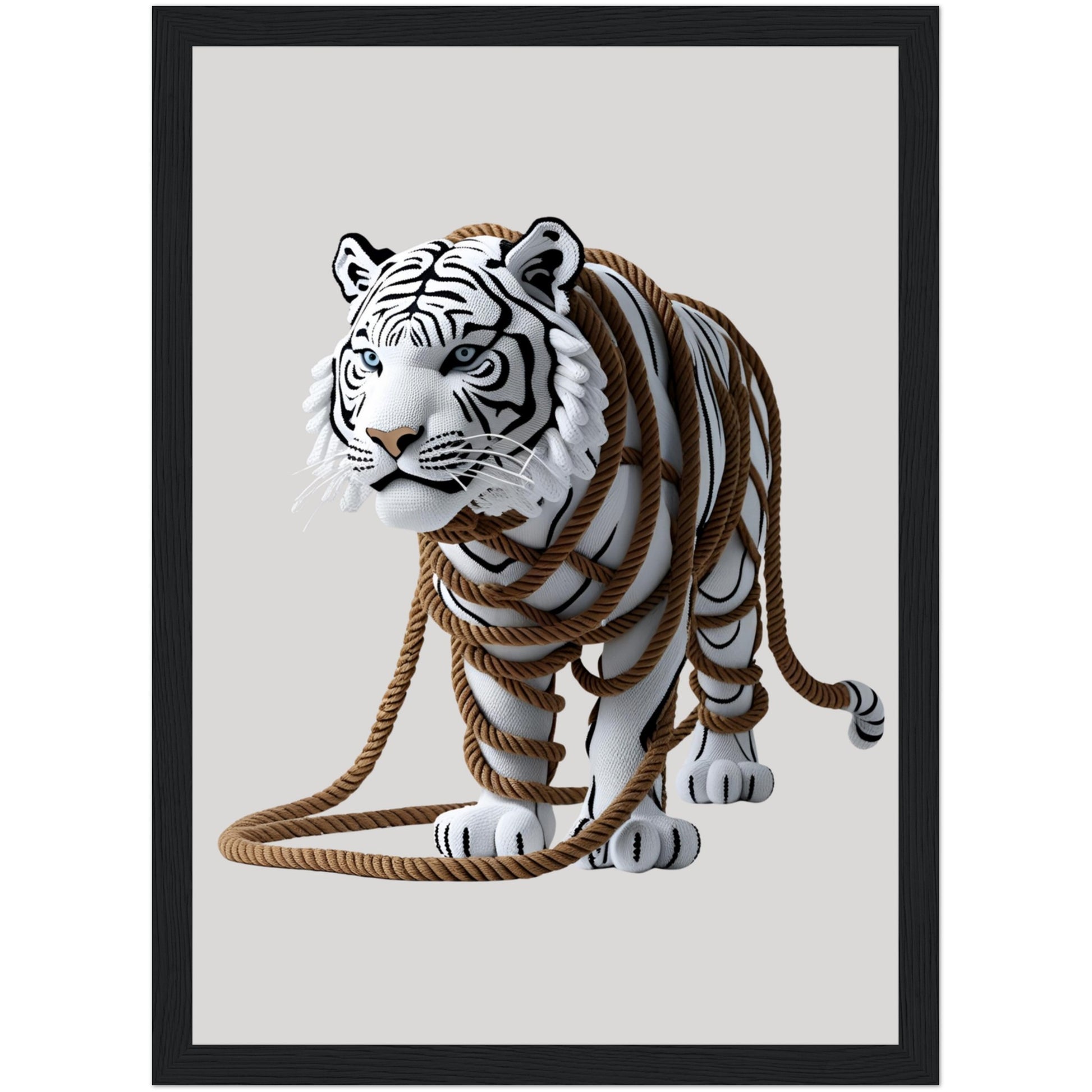 Kunstvolles Tiger Poster mit handgefertigter Seilstruktur im schwarzen Holzrahmen – moderne Tierdeko für stilvolle Wohnräume
