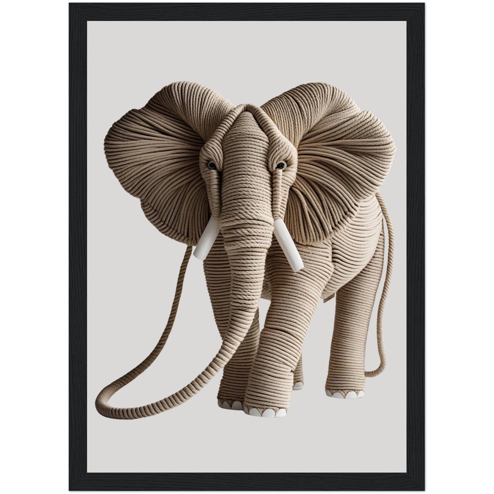 Elefant aus Seilen als plastisches Poster im schwarzen Holzrahmen mit 3D-Wirkung – edle Wandgestaltung mit afrikanischem Flair