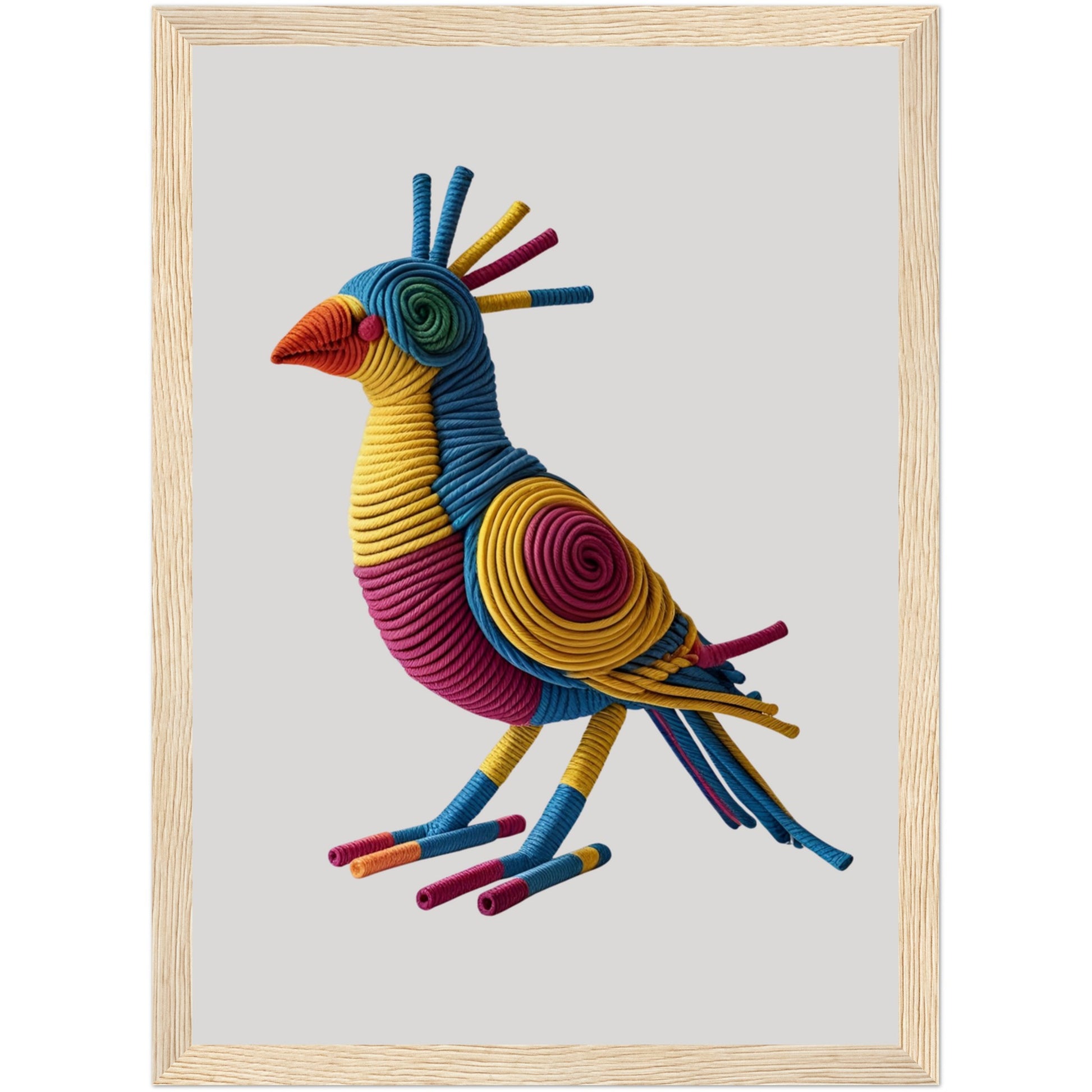 Detailreiches Vogelposter aus bunten Seilen in natürlichem Holzrahmen – lebendige 3D-Wandkunst für Wohn- oder Schlafräume