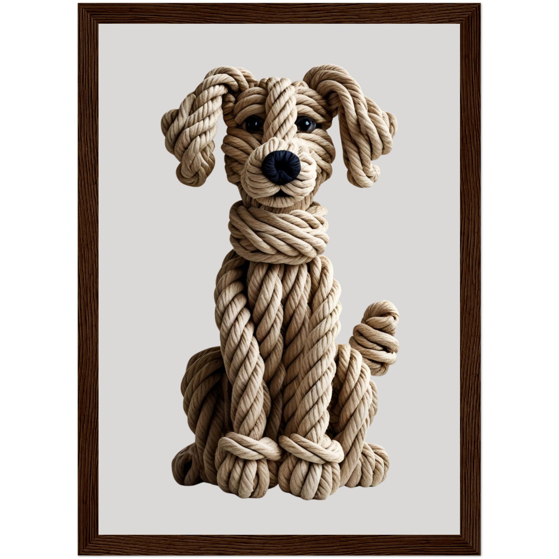 Poster mit Hund aus Seilen in Beige mit weicher 3D-Wirkung im dunklen Holzrahmen als moderne Wandkunst für Wohn- oder Schlafzimmer