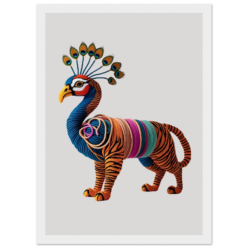 Fantasievolles Tierposter mit Körper eines Tigers und Kopf eines Pfaus, brillante 3D-Wirkung in hellem Holzrahmen für moderne Raumdeko