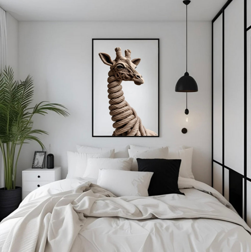 Gerahmtes Giraffenposter mit plastischem 3D-Effekt aus Seilen über dem Bett im Schlafzimmer – beruhigende Natur-Wandkunst mit elegantem Holzrahmen