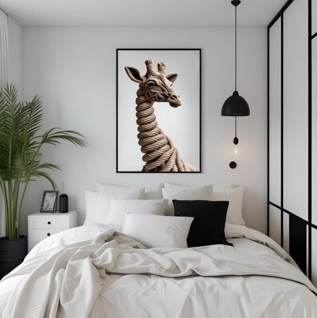 Gerahmtes Giraffenposter mit plastischem 3D-Effekt aus Seilen über dem Bett im Schlafzimmer – beruhigende Natur-Wandkunst mit elegantem Holzrahmen