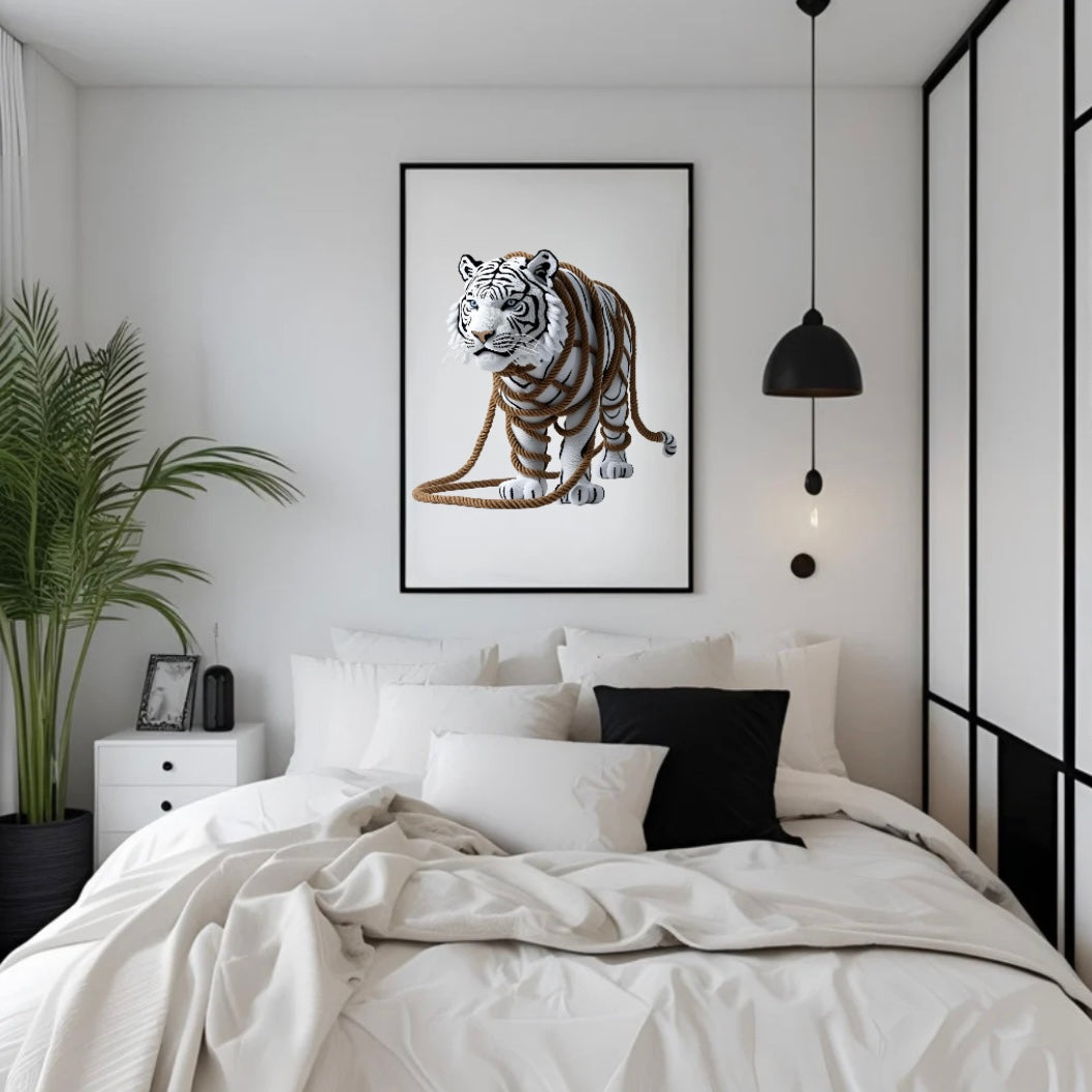 Gerahmtes Tierposter mit Tigerkopf und Seilstruktur über dem Bett im Schlafzimmer – stilvolle Naturkunst für ruhige Raumgestaltung