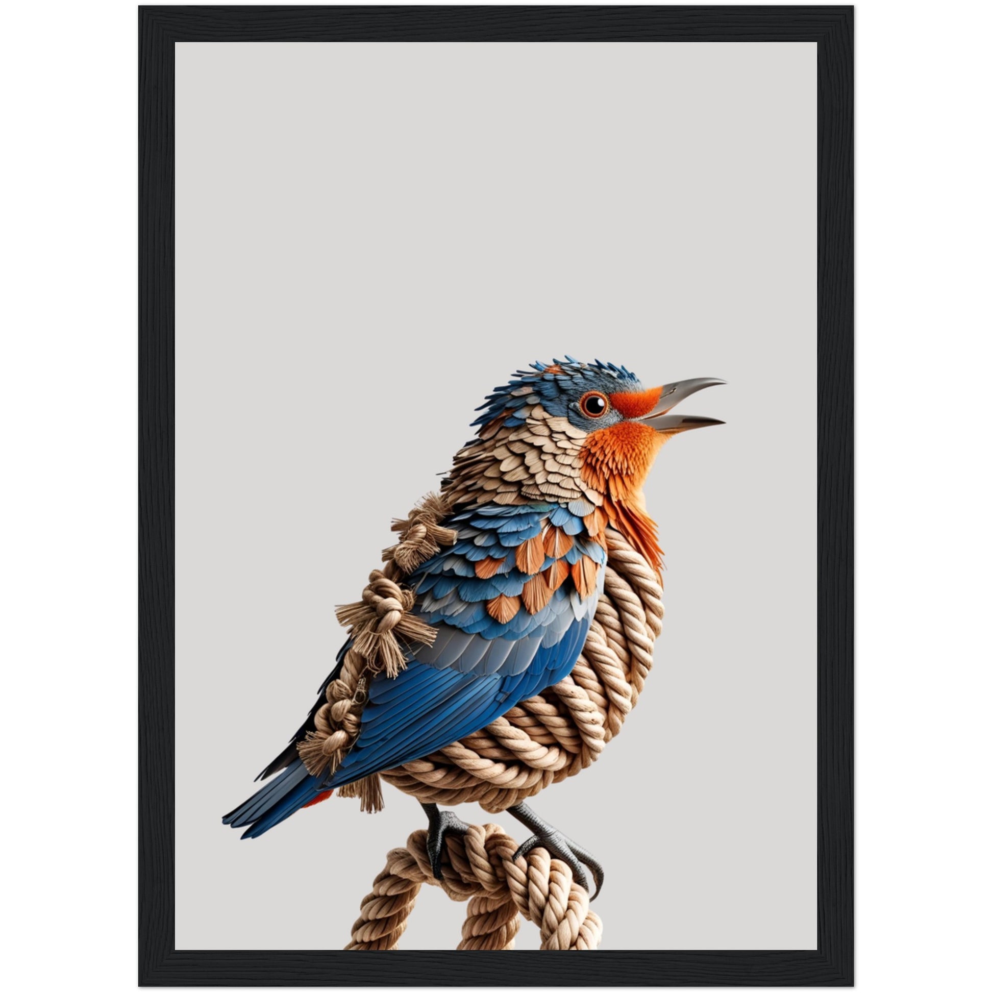 Vogelposter mit Ast – Seilmotiv in Orange und Braun, 3D-Stil gerahmt in Schwarz für stilvolle Wände