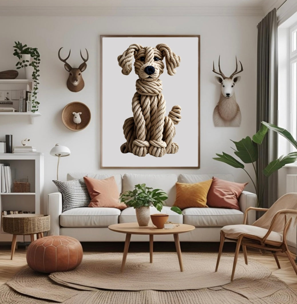Beiges Seilposter mit Hundemotiv und sanfter 3D-Optik im Wohnzimmer über dem Sofa im Holzrahmen als stilvolle Tier-Wanddeko