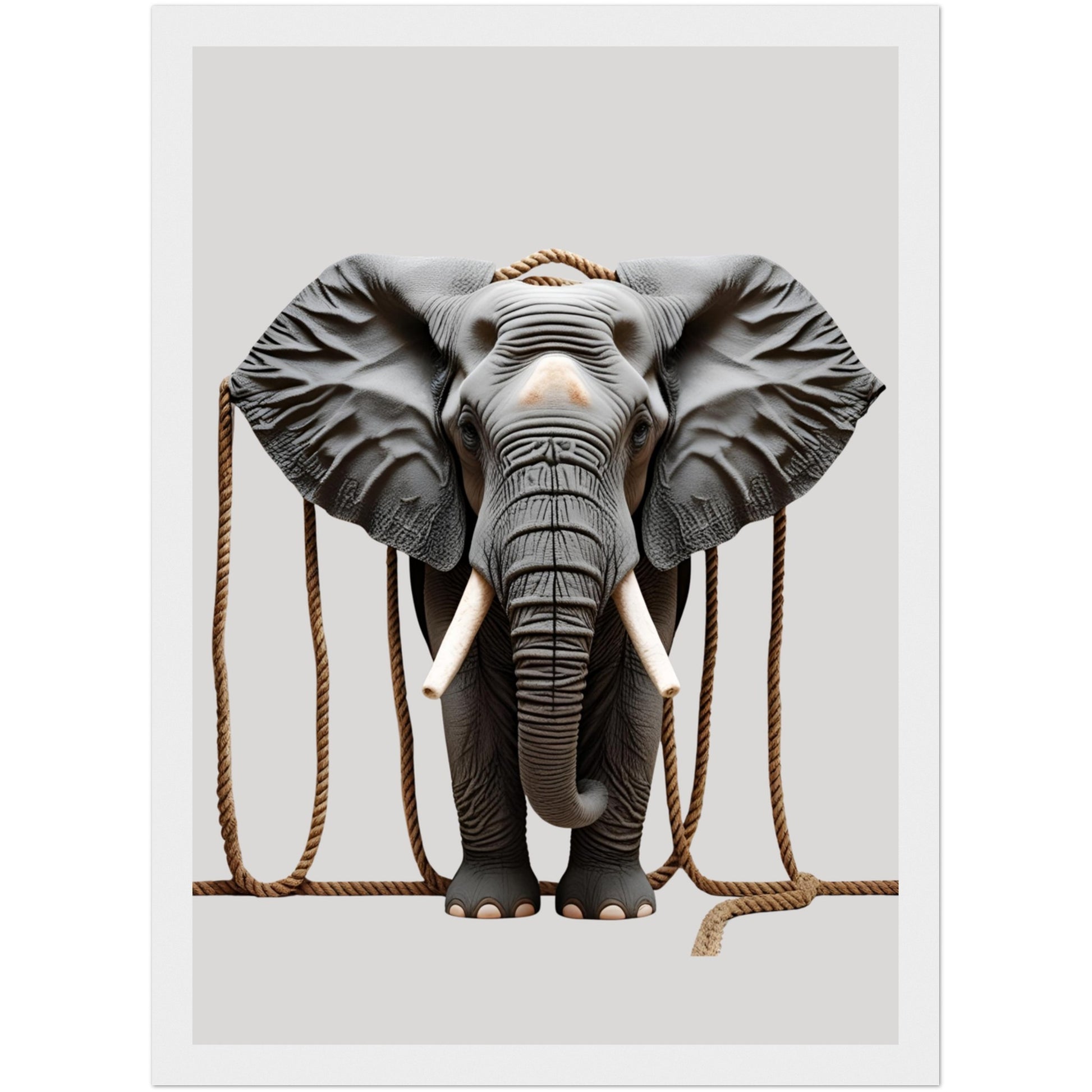 Kunstvolles Afrika-Tierposter mit Elefant und dekorativen Seilakzenten im hellen Holzrahmen – stilvolle Wandgestaltung für moderne Räume