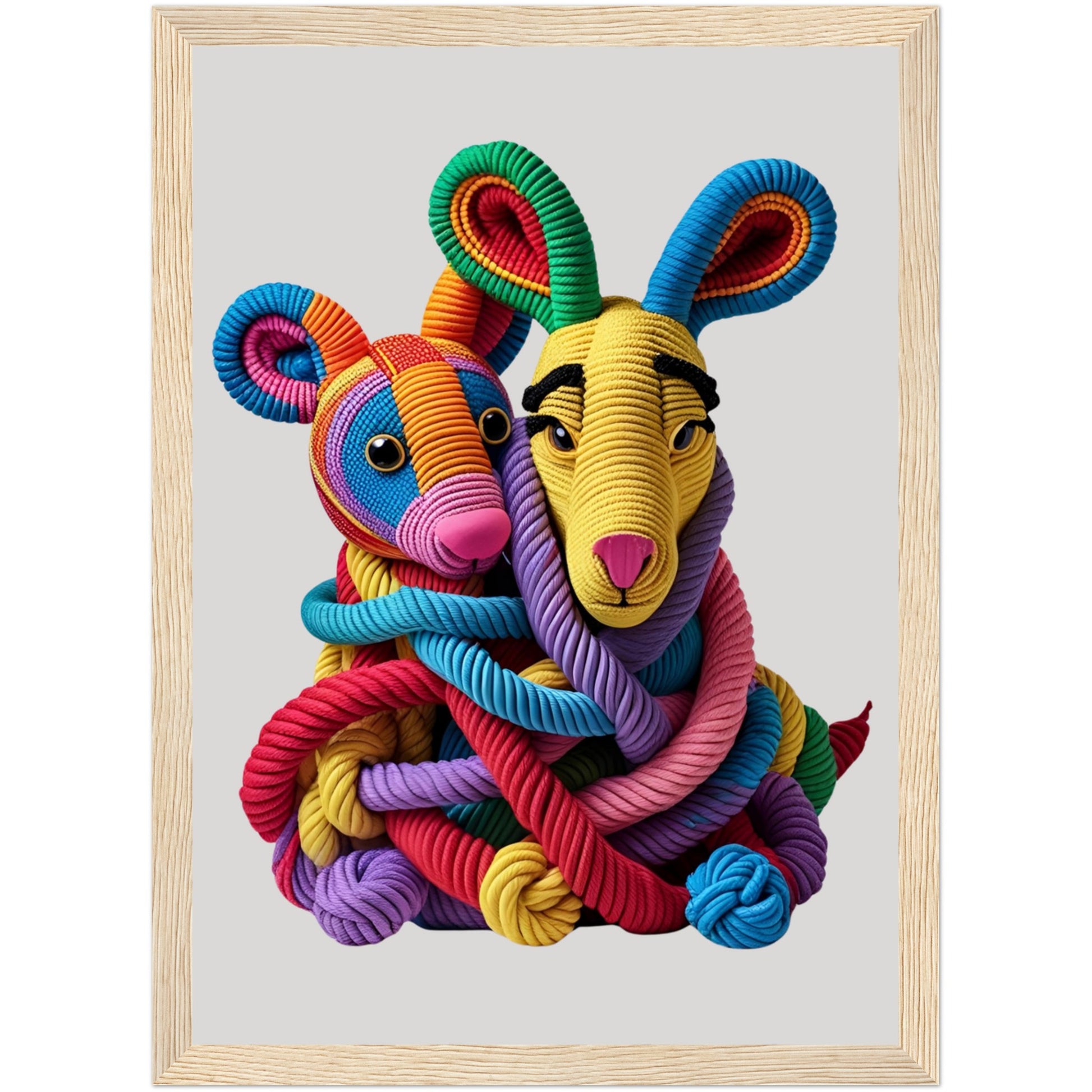 Gerahmtes Poster mit fantasievollen Tierformen aus bunten Seilen in naturfarbenem Holzrahmen – stilvolle Kunst für Kinderzimmer, Wohnzimmer oder Büro