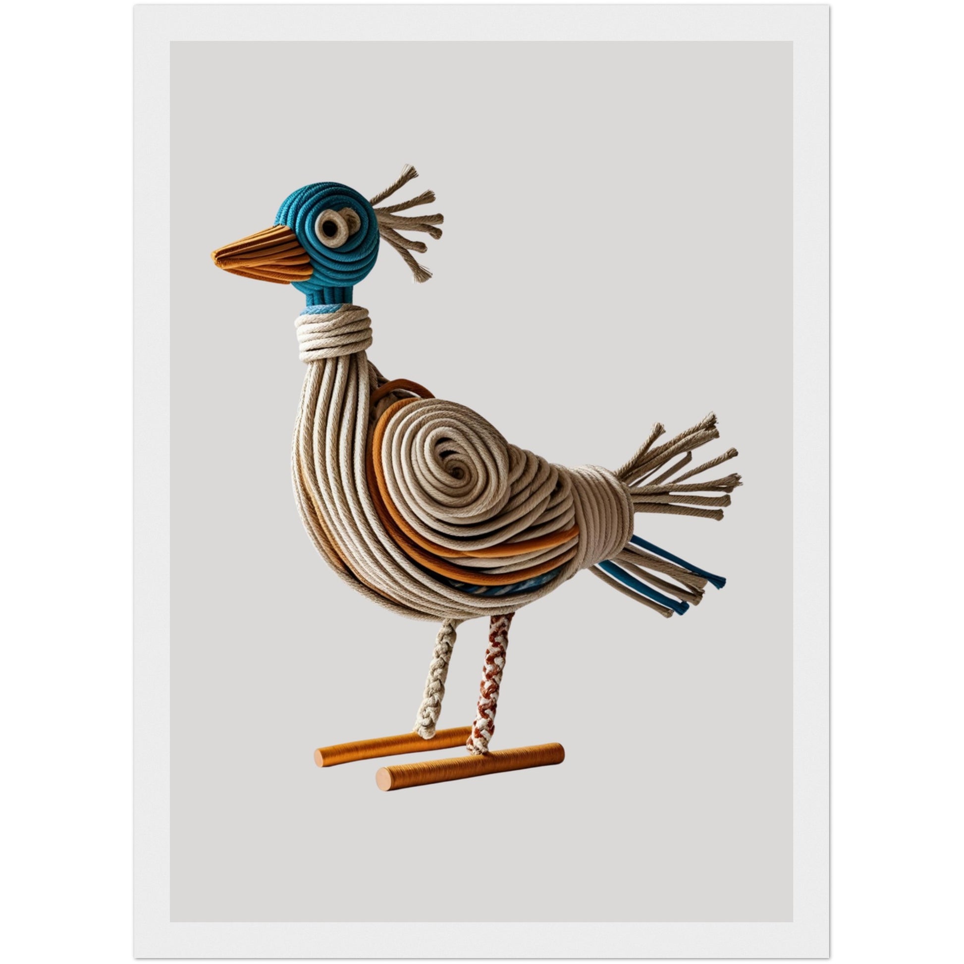 Gerahmtes Vogelposter aus Seil in Beige, Blau & Orange in weißem Holzrahmen, perfekte Wanddeko für Wohn- und Schlafzimmer.
