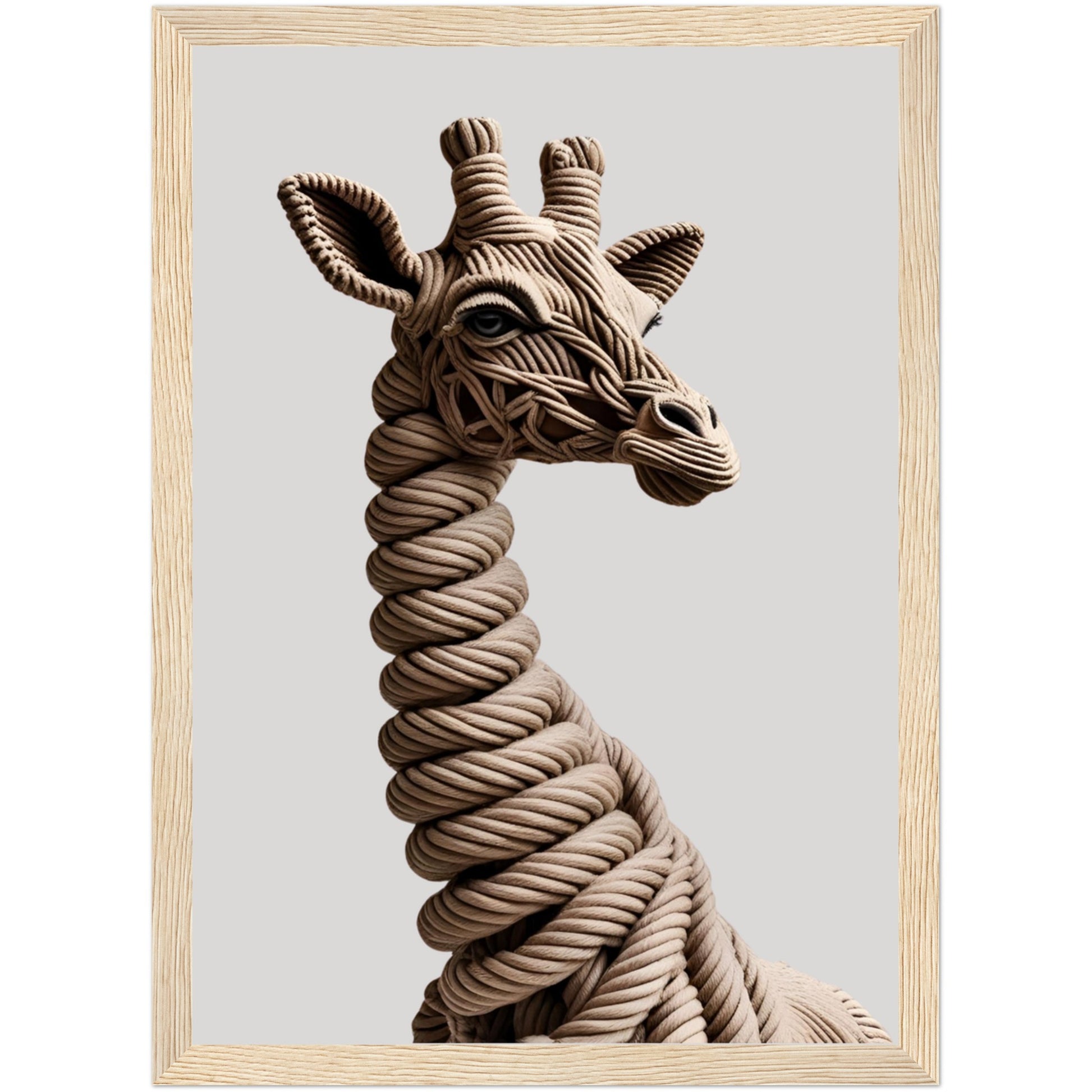 Künstlerische Giraffe aus Seilen in naturbelassenem Holzrahmen mit 3D-Effekt – ideale Tier-Wanddeko für Wohnzimmer oder Flur