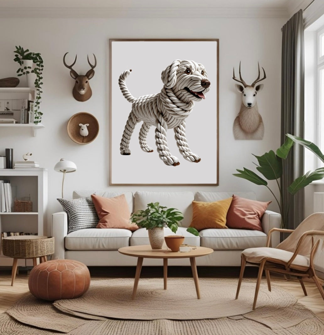 Verspieltes Hundeposter mit herausgestreckter Zunge aus Seilen in 3D-Optik im Wohnzimmer über dem Sofa im Holzrahmen als fröhliche Wanddeko