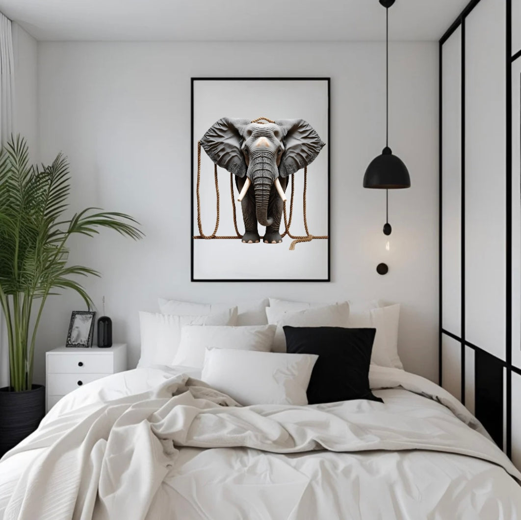 Gerahmtes Elefantenposter mit afrikanischem Flair und Seilakzenten über dem Bett im Schlafzimmer – ruhige Natur-Wandgestaltung mit Tiermotiv