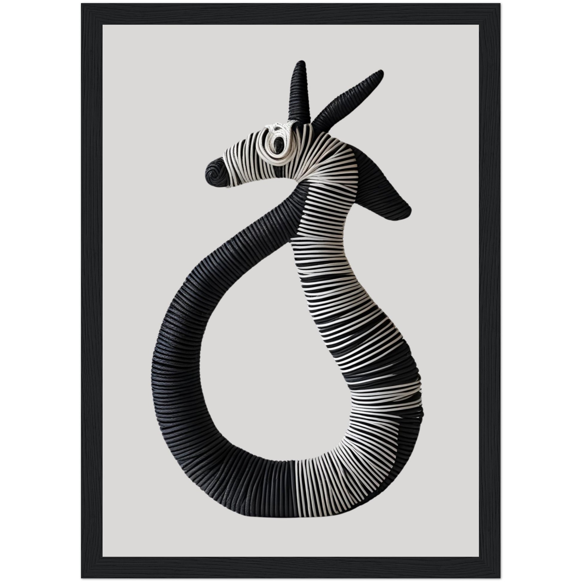 Doppelkopf Fantasietier Poster in Schwarz-Weiß mit 3D-Effekt in schlichtem schwarzen Holzrahmen für stilvolle Wandgestaltung im Wohnbereich