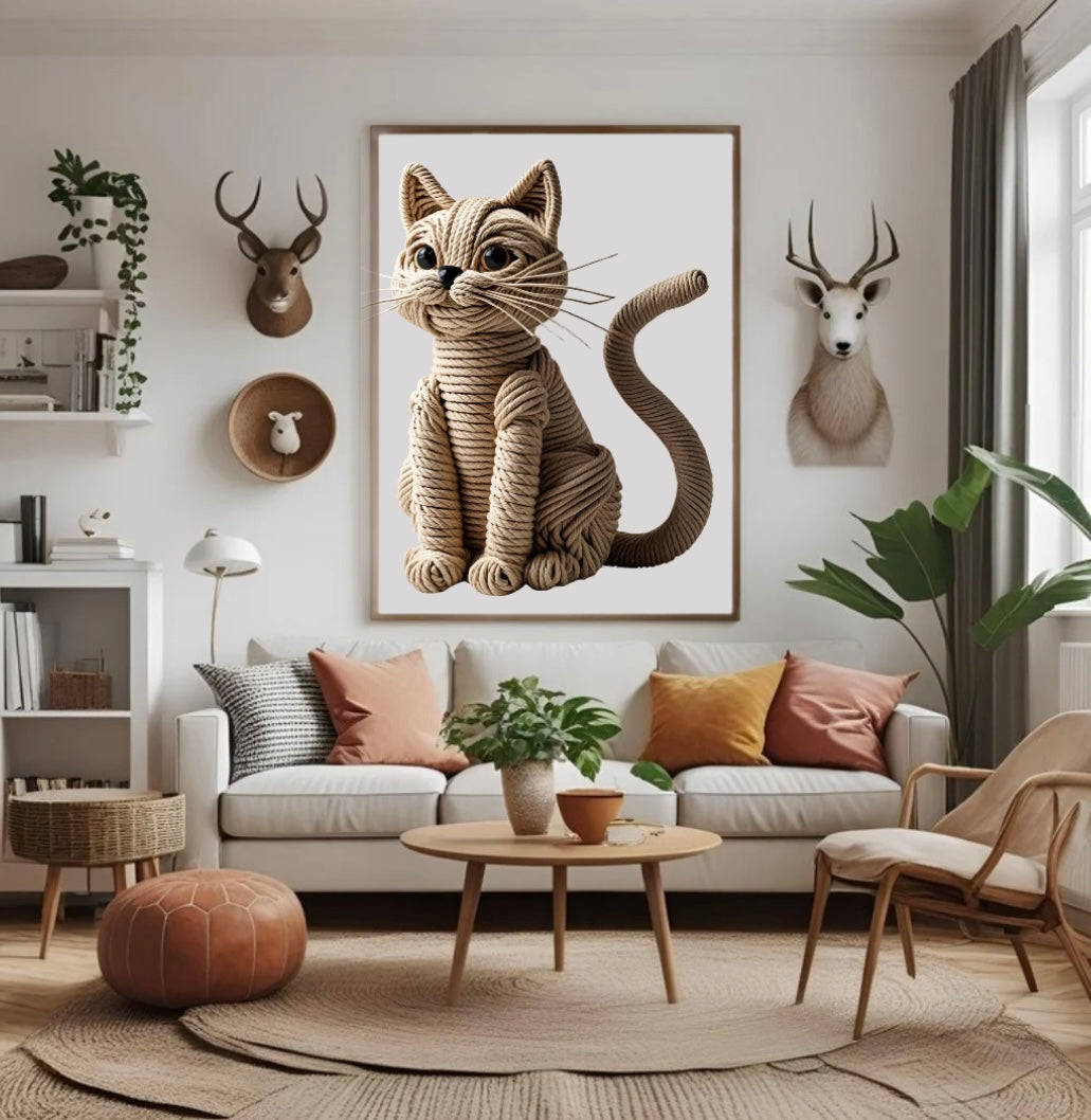 Katzenposter aus kunstvoll gelegtem Seil mit 3D-Effekt im Holzrahmen über dem Sofa im Wohnzimmer – elegante Wanddeko für Katzenliebhaber