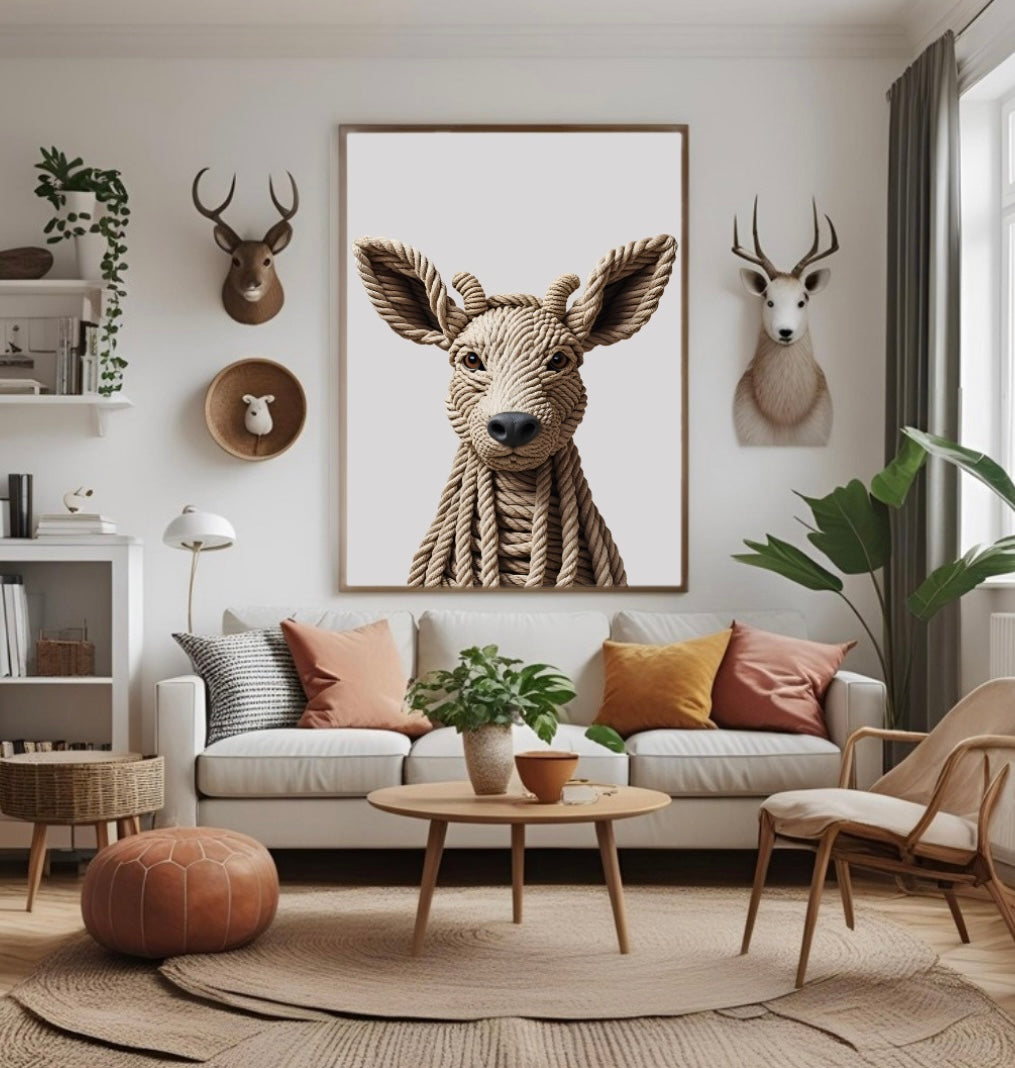 Majestätisches Rehkopf Poster mit Geweih aus Seilen in 3D-Optik im Wohnzimmer über dem Sofa gerahmt als elegante Natur-Wanddeko