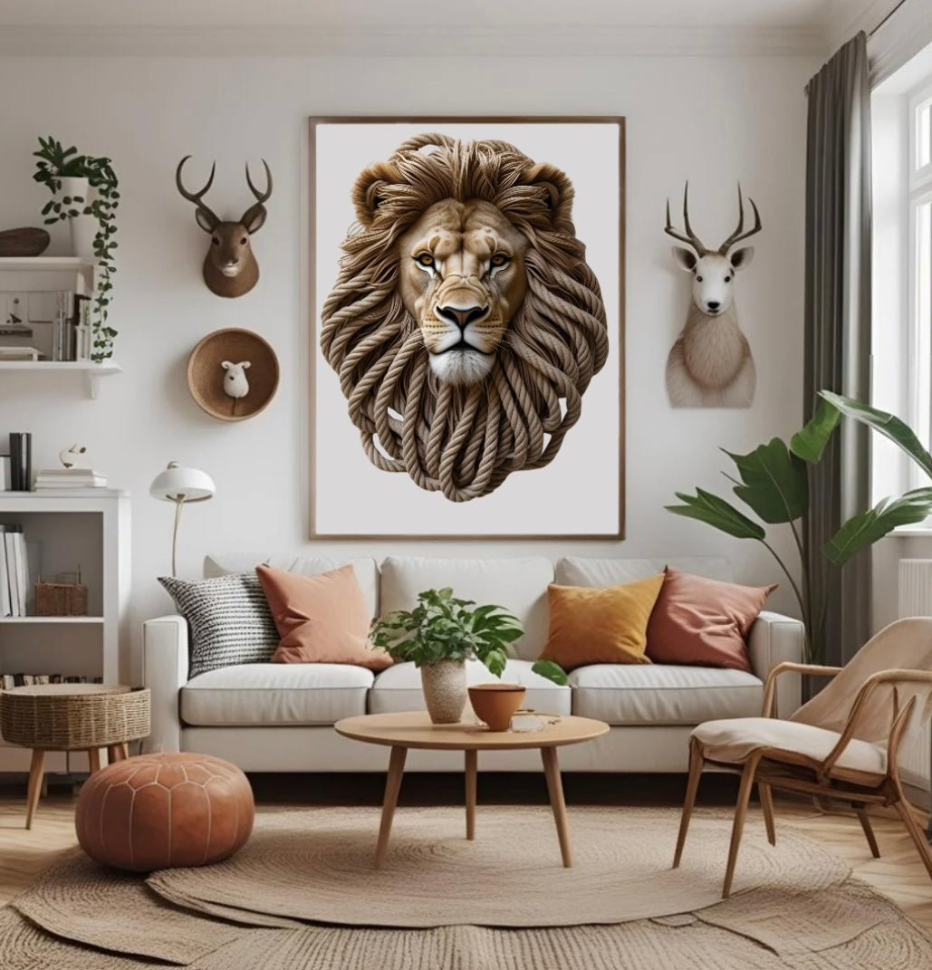 Löwenkopf Poster mit kunstvoller Mähne aus Seilen im Holzrahmen als kraftvolle Wanddeko über dem Sofa im Wohnzimmer