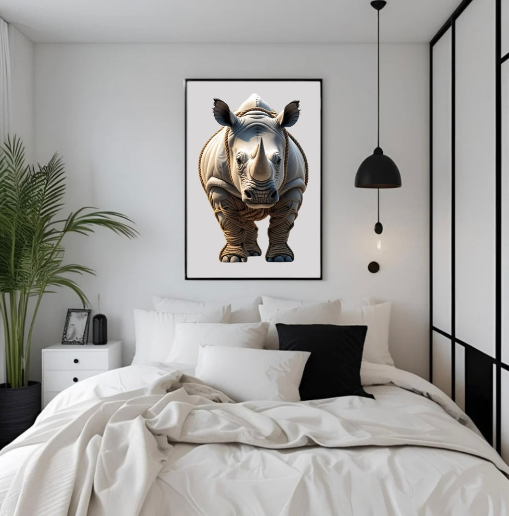 Gerahmtes Nashorn-Poster mit 3D-Effekt aus Seilen, platziert über dem Bett im Schlafzimmer für elegante und ausdrucksstarke Wandkunst