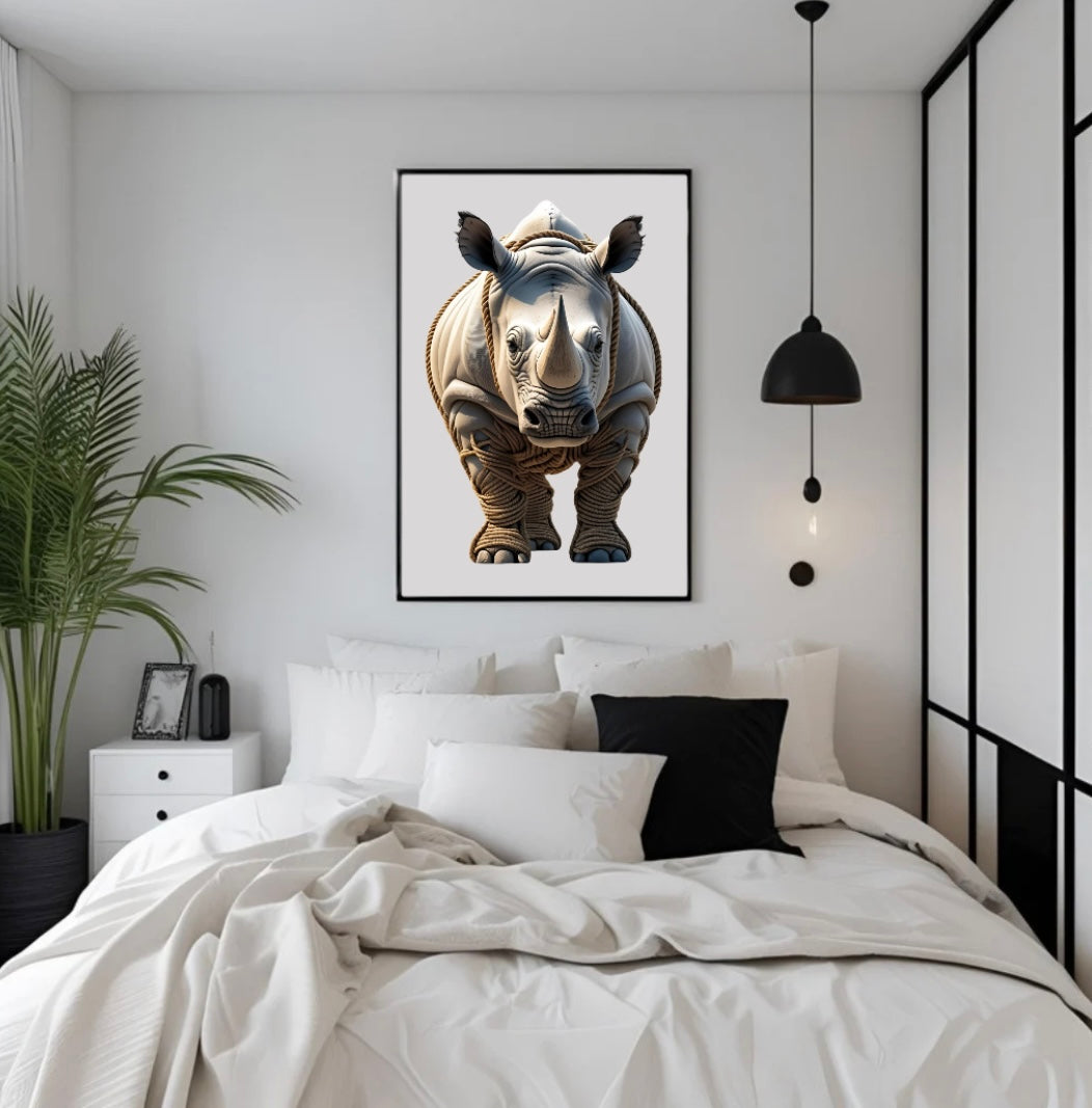 Gerahmtes Nashorn-Poster mit 3D-Effekt aus Seilen, platziert über dem Bett im Schlafzimmer für elegante und ausdrucksstarke Wandkunst