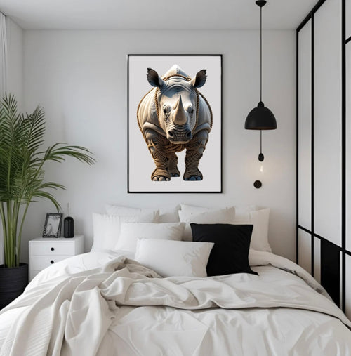 Gerahmtes Nashorn-Poster mit 3D-Effekt aus Seilen, platziert über dem Bett im Schlafzimmer für elegante und ausdrucksstarke Wandkunst