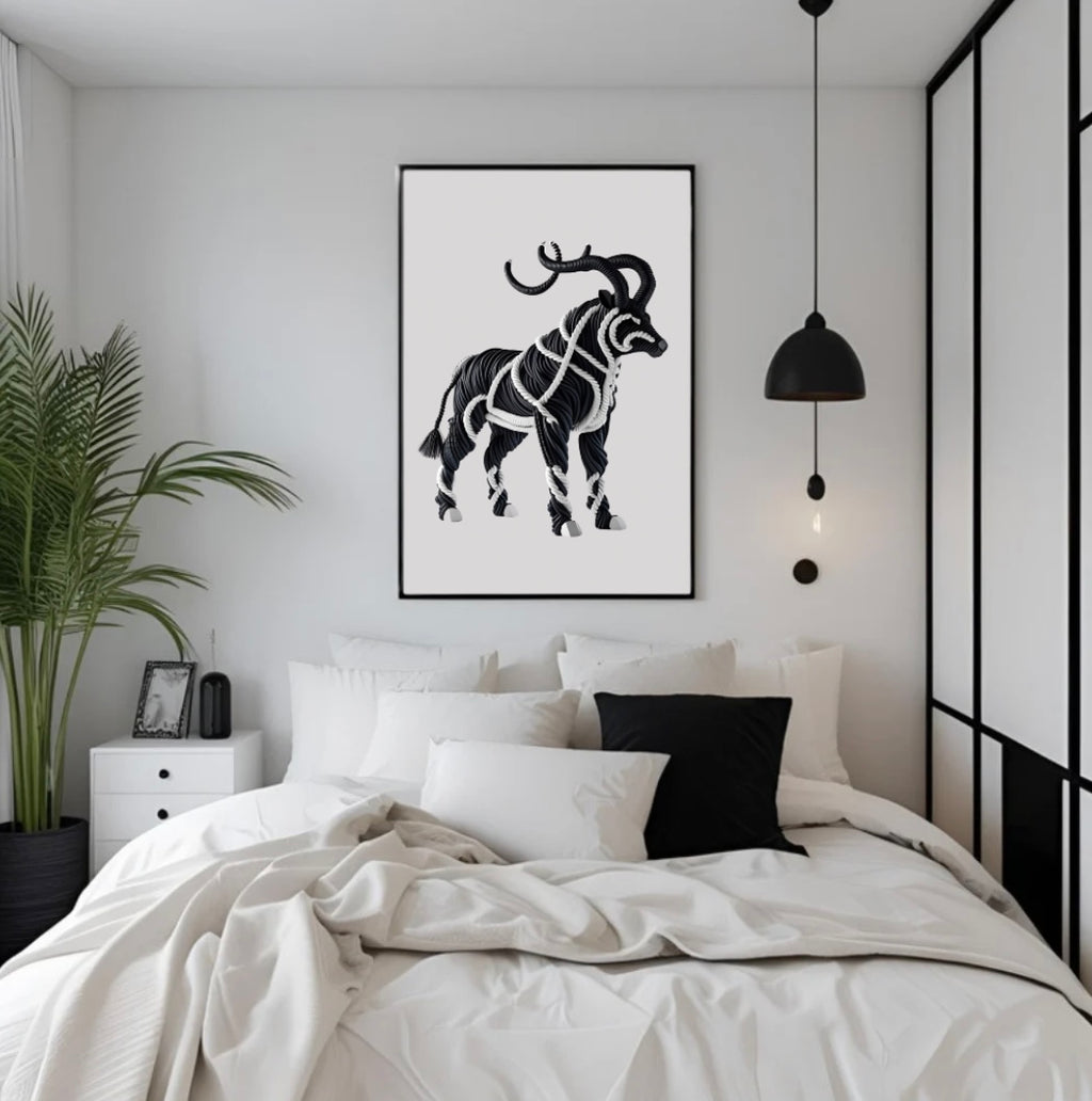 Gerahmtes Poster Tier mit Hörnern in Schwarz-Weiß – starke Wanddeko im Schlafzimmer mit 3D-Effekt