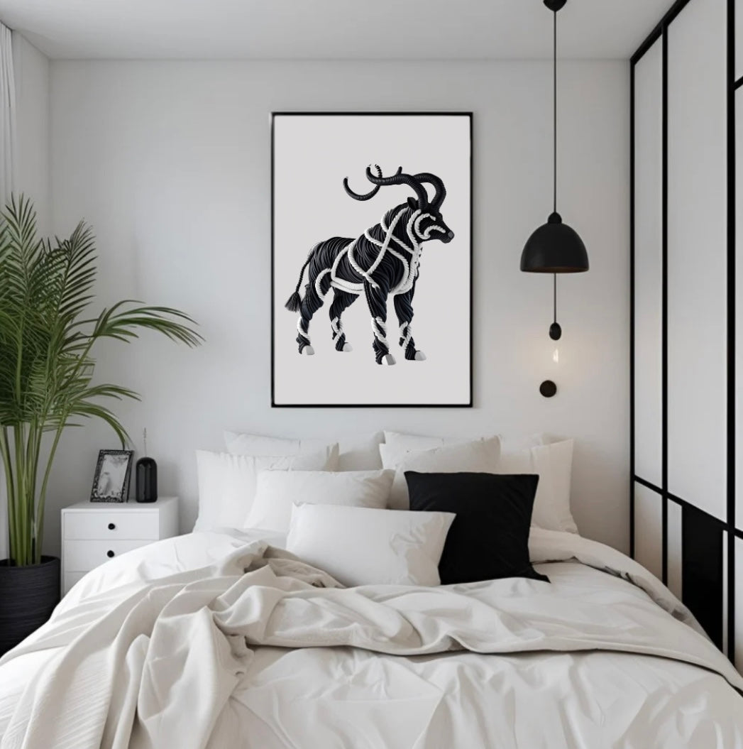 Gerahmtes Poster Tier mit Hörnern in Schwarz-Weiß – starke Wanddeko im Schlafzimmer mit 3D-Effekt