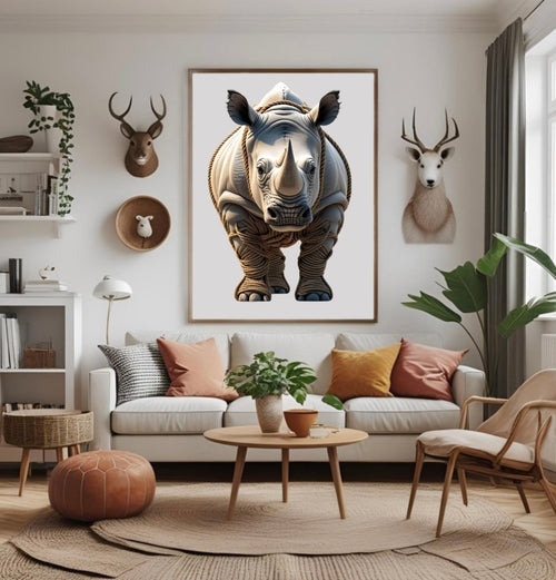 3D Nashorn Poster aus kunstvoll geformten Seilen im Holzrahmen im Wohnzimmer über dem Sofa als moderne Wanddekoration mit Naturmotiv