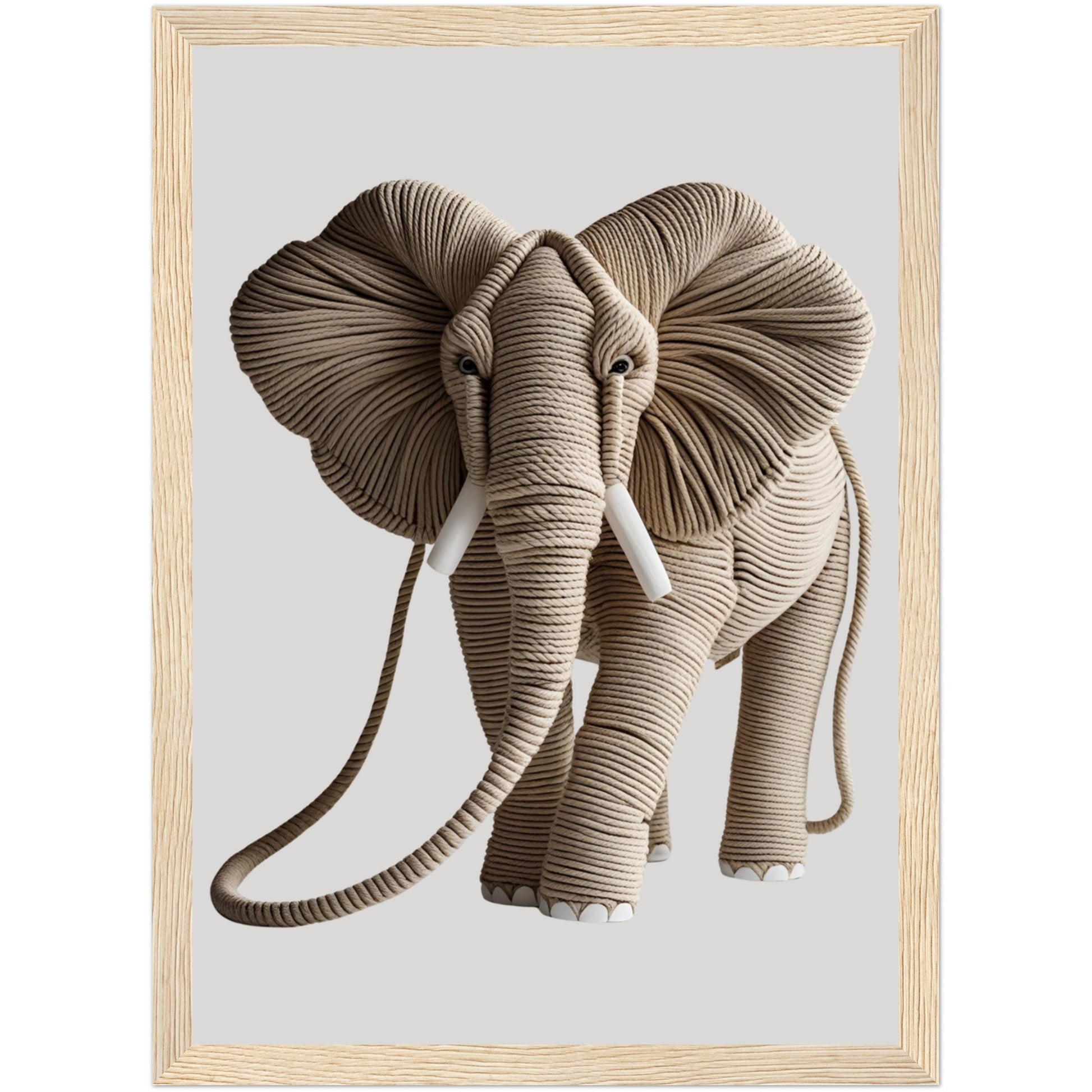 Natur-inspiriertes Poster mit Elefant aus Seil in 3D-Optik im naturfarbenen Holzrahmen – perfekte Tierdeko für ruhige Wohnbereiche