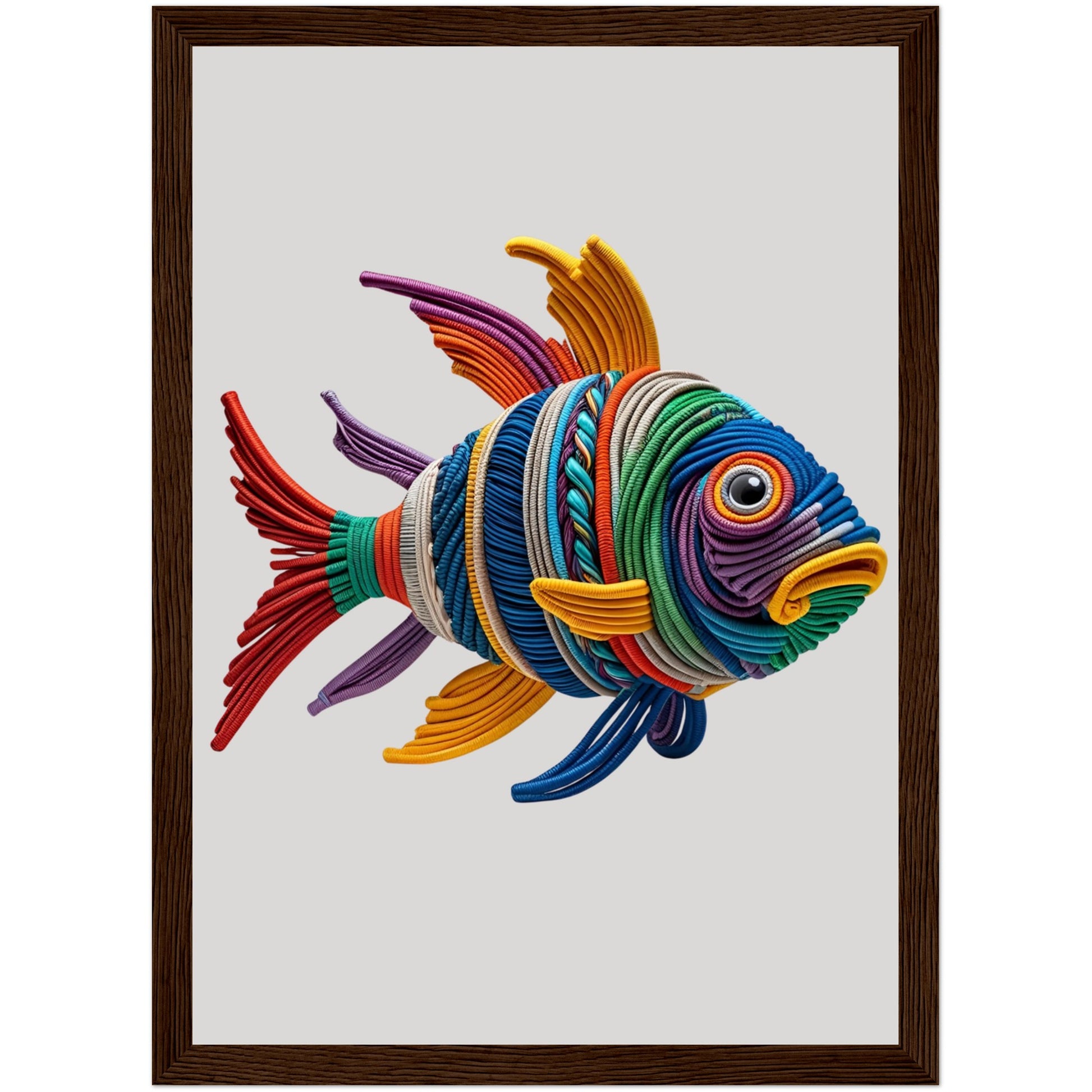 Poster mit farbenfrohem Fisch aus Seilen, 3D-Optik im dunklen Holzrahmen – kreative Wandkunst für Wohnzimmer, Küche oder Flur