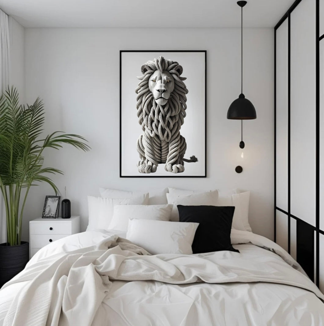 Gerahmtes Poster mit Löwenmotiv in Grau aus Seilen und plastischer 3D-Optik über dem Bett im Schlafzimmer – elegante Wandgestaltung
