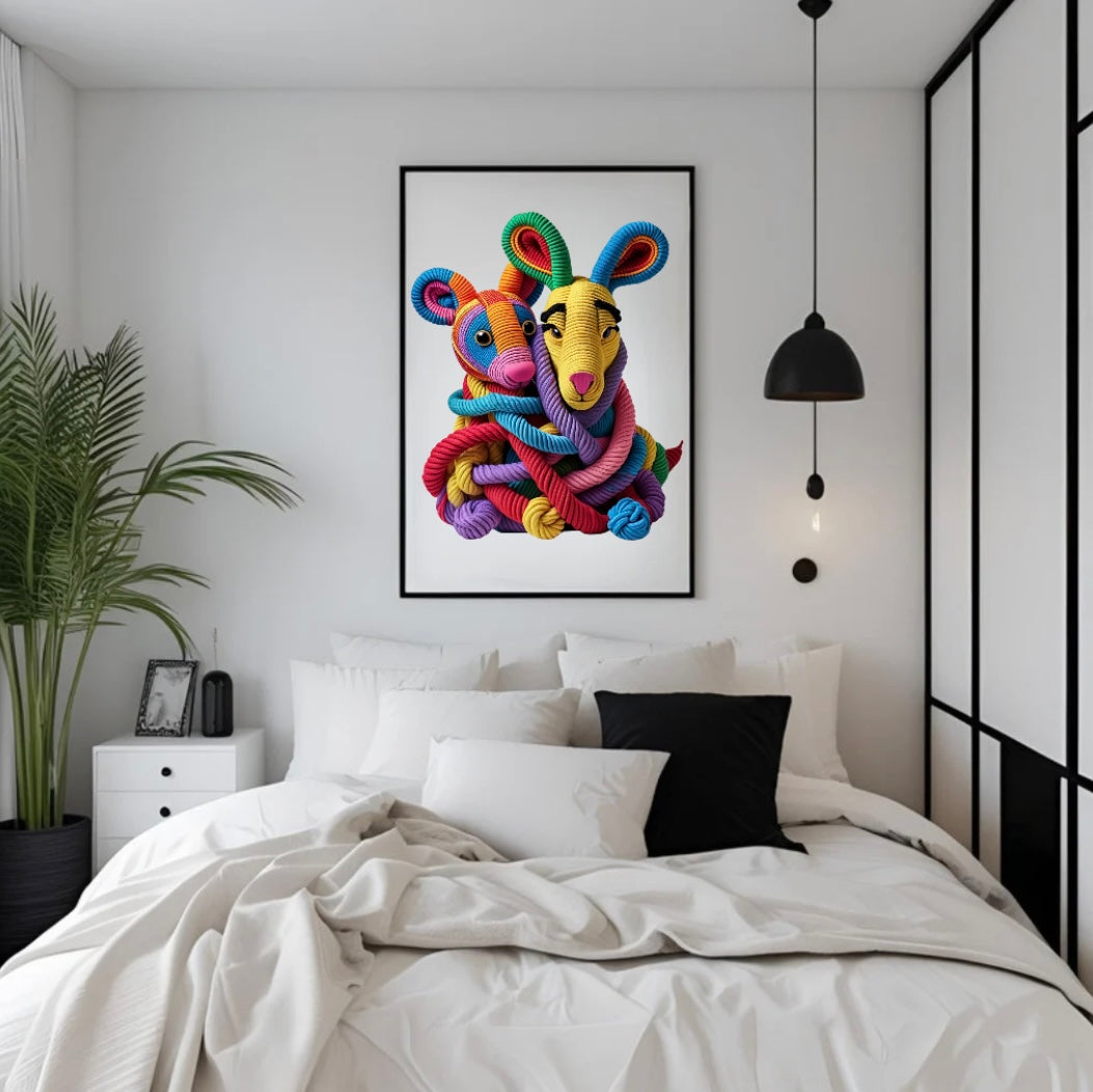 Gerahmtes Poster mit farbenfrohen Fantasie-Tiermotiven aus Seilen in plastischer 3D-Wirkung über dem Bett im Schlafzimmer – kreative und verspielte Wandgestaltung