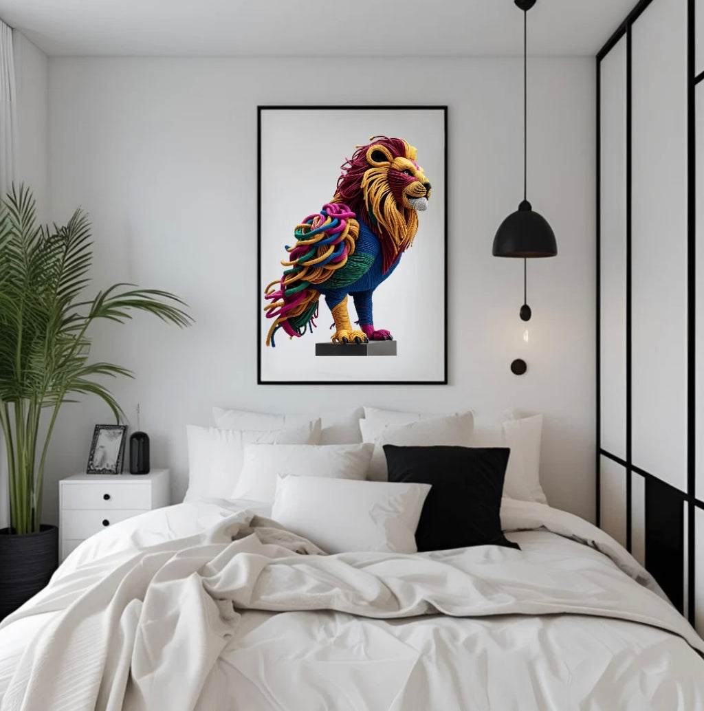 Gerahmtes Poster eines Fantasietiers mit Löwenkopf und Vogelkörper in strukturierter Seiloptik über dem Bett im Schlafzimmer – außergewöhnliche Wandgestaltung mit 3D-Charakter