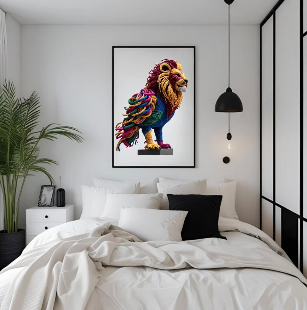 Gerahmtes Poster eines Fantasietiers mit Löwenkopf und Vogelkörper in strukturierter Seiloptik über dem Bett im Schlafzimmer – außergewöhnliche Wandgestaltung mit 3D-Charakter