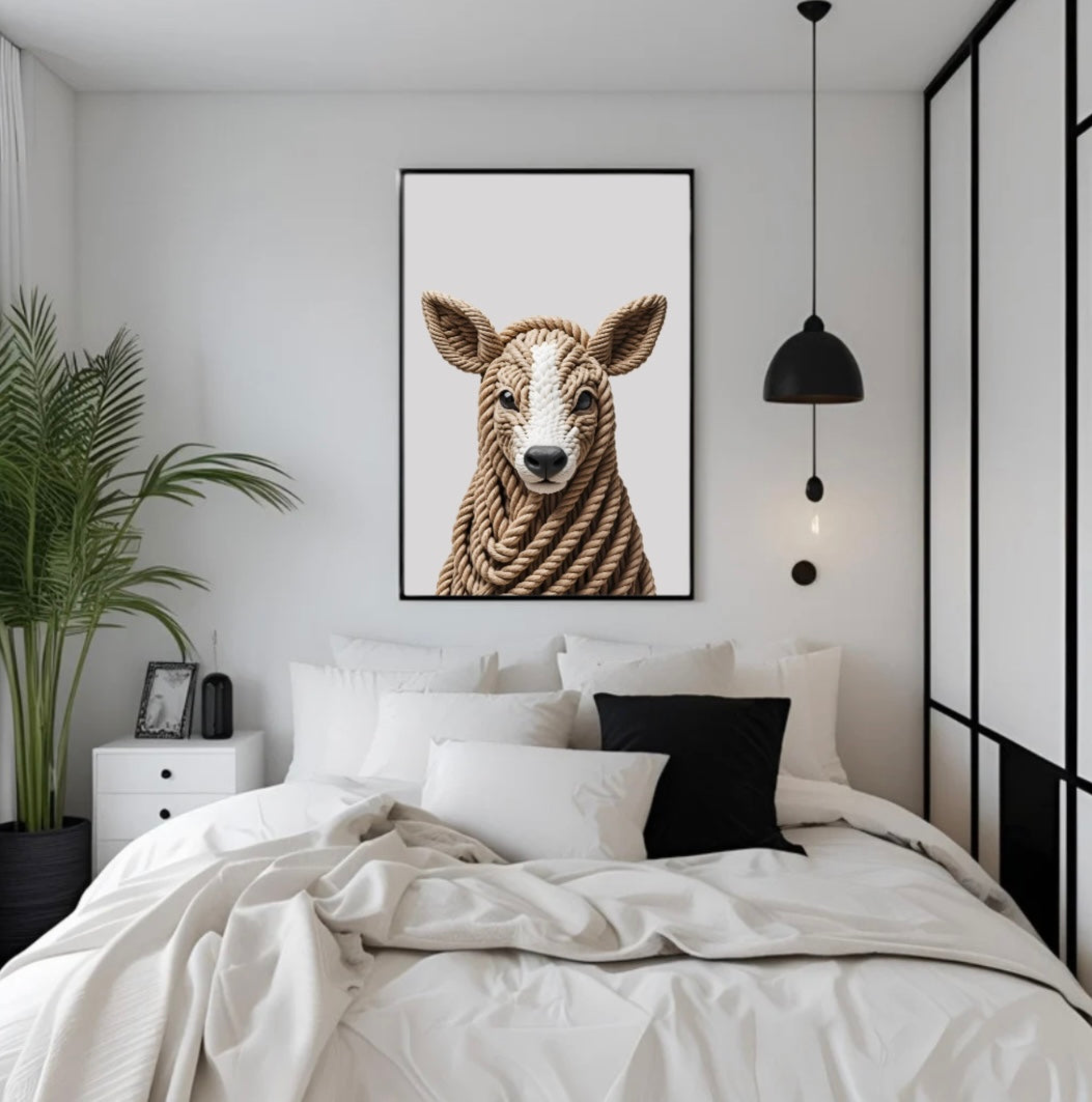 Gerahmtes Wandbild mit Rehkopf aus Seilen und 3D-Effekt, platziert über dem Bett im Schlafzimmer für eine moderne und natürliche Raumgestaltung