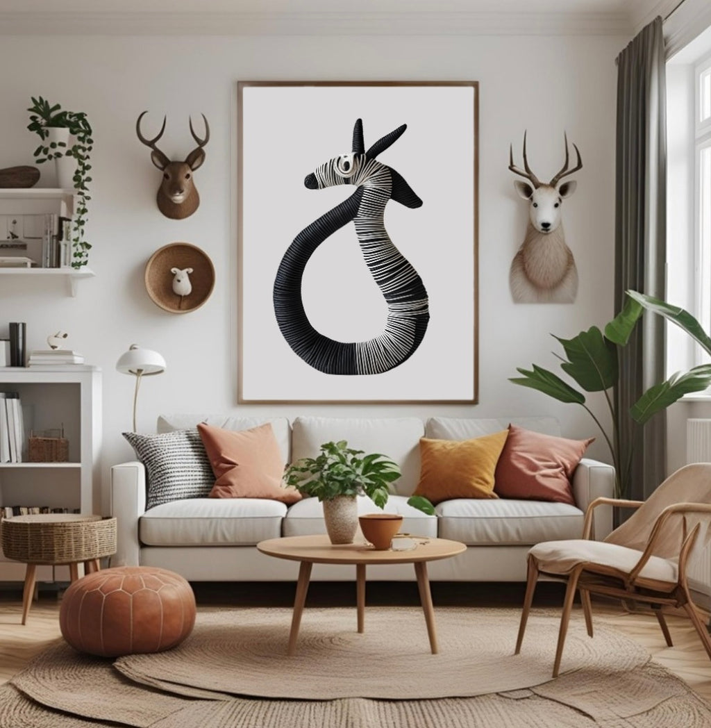 Schwarz-weißes Tierposter mit Doppelkopf aus Seilen und 3D-Effekt im Wohnzimmer an der Wand in schwarzem Rahmen als moderne Wanddeko